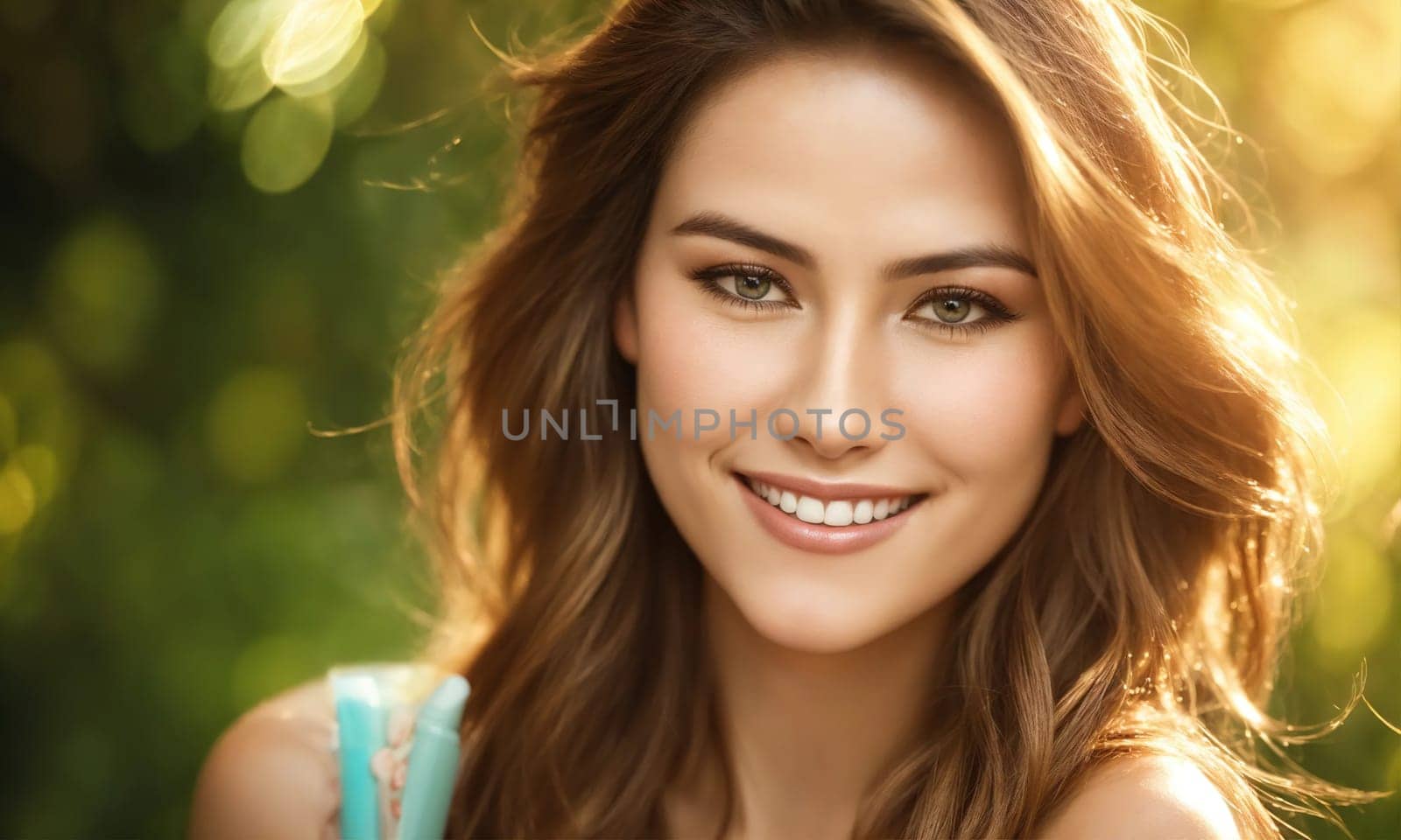 close up of beautiful woman smiling.  summer holidays, vacation, travel and people concept. ai generative.