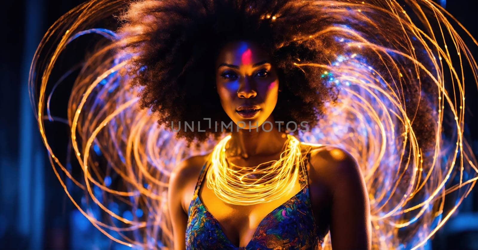 Beautiful african american woman with afro hairstyle and outlined in light. ai generative.