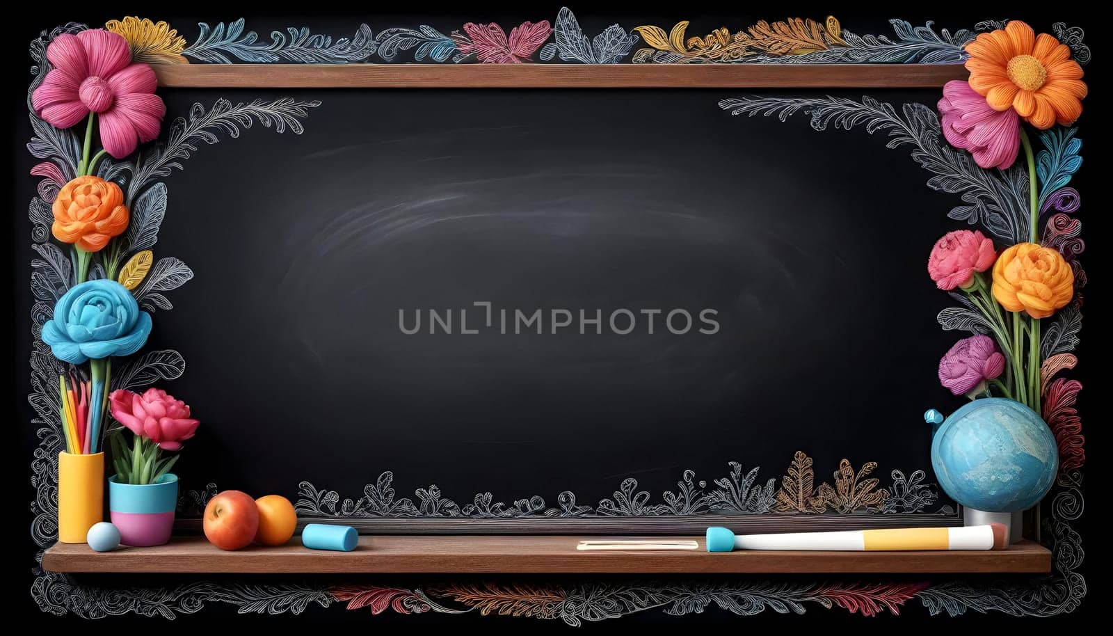 AI generated of a blackboard with flowers and a chalkboard