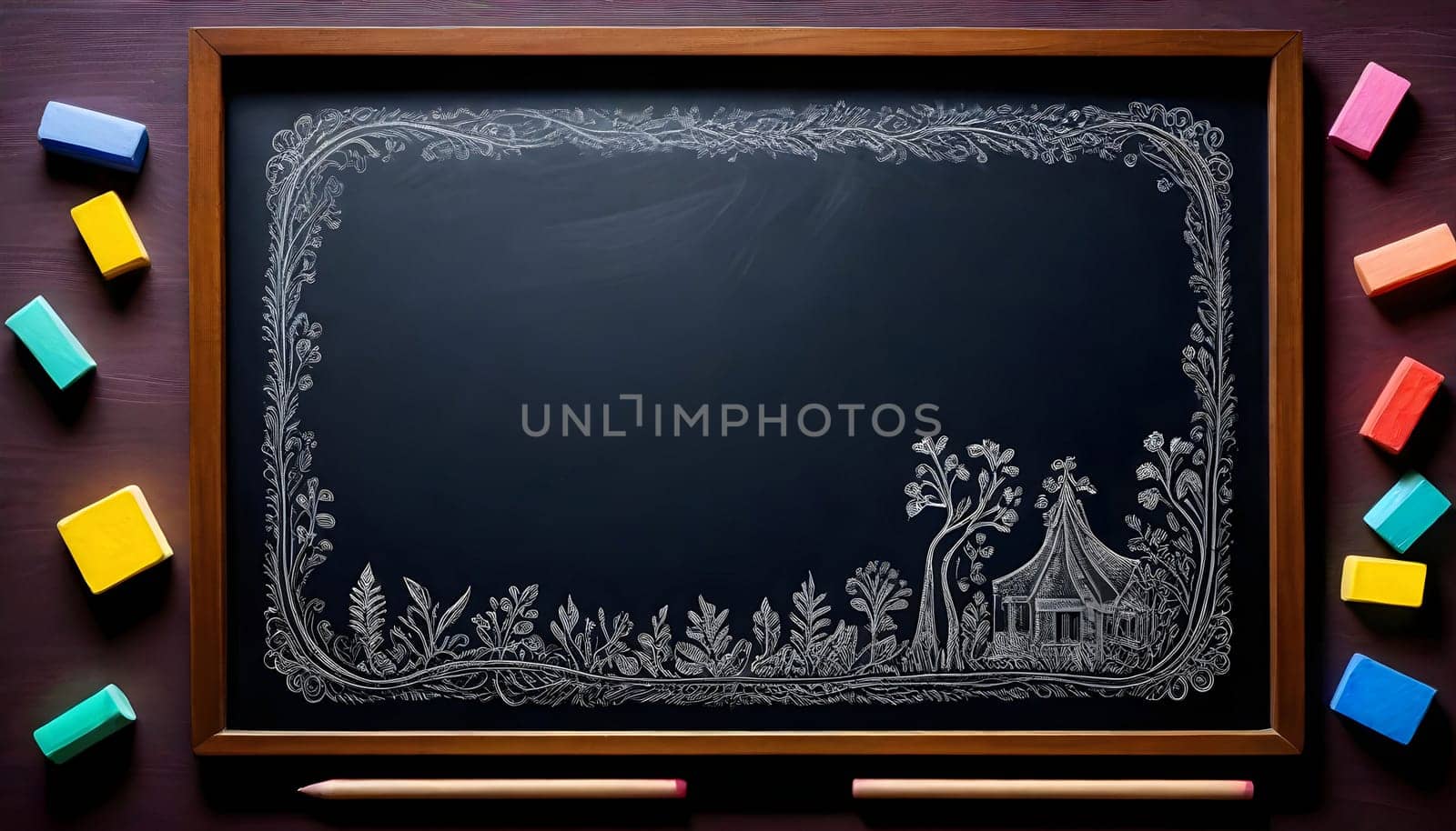AI generated of a chalkboard with a house on it surrounded by colorful chalks