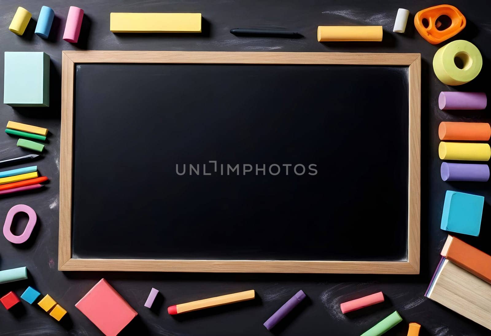 AI generated of a blackboard surrounded by various school supplies