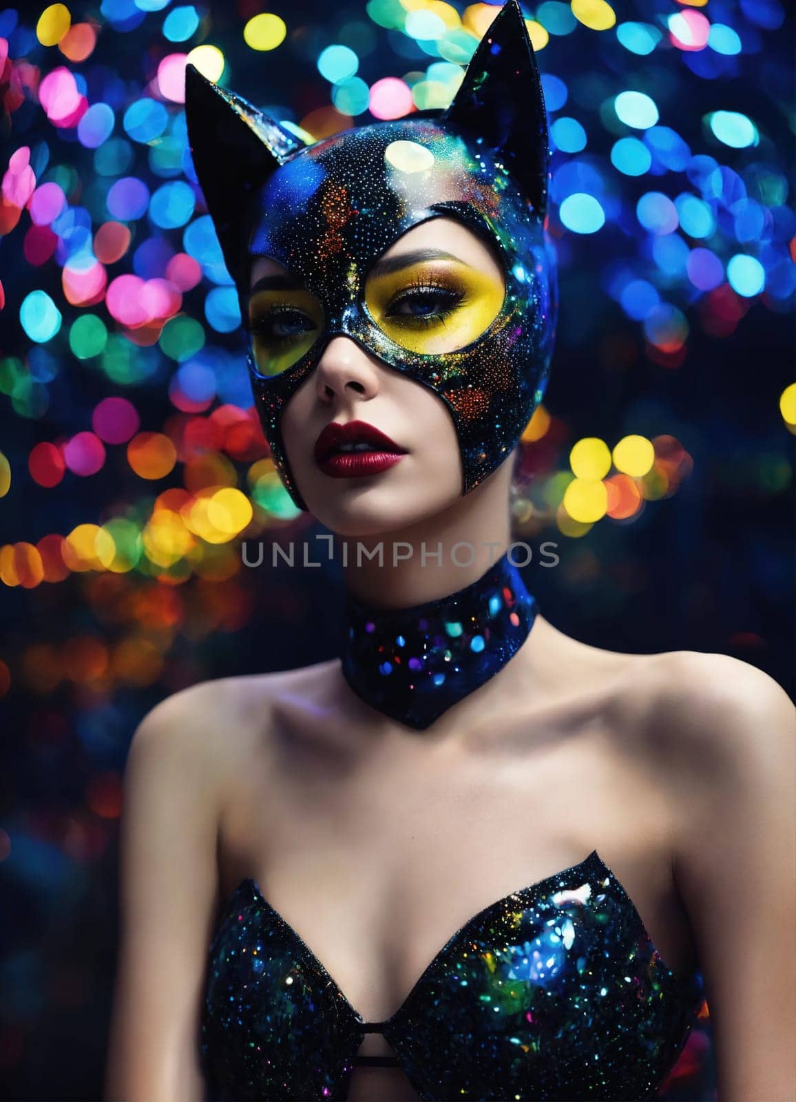 Portrait of a beautiful young woman with bright make up and Venetian mask. ai generative.