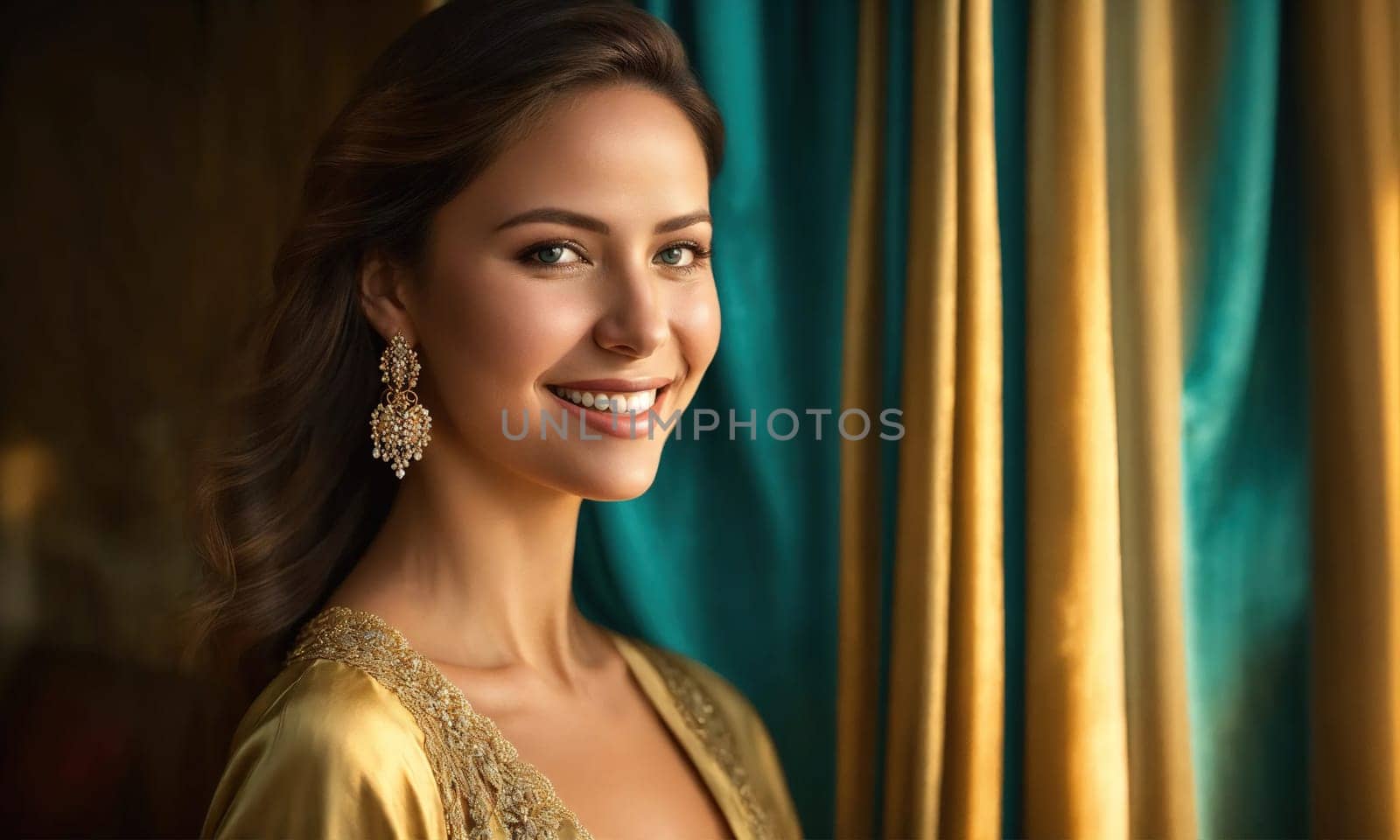 Beautiful girl in a blue evening turquoise dress posing. ai generative.