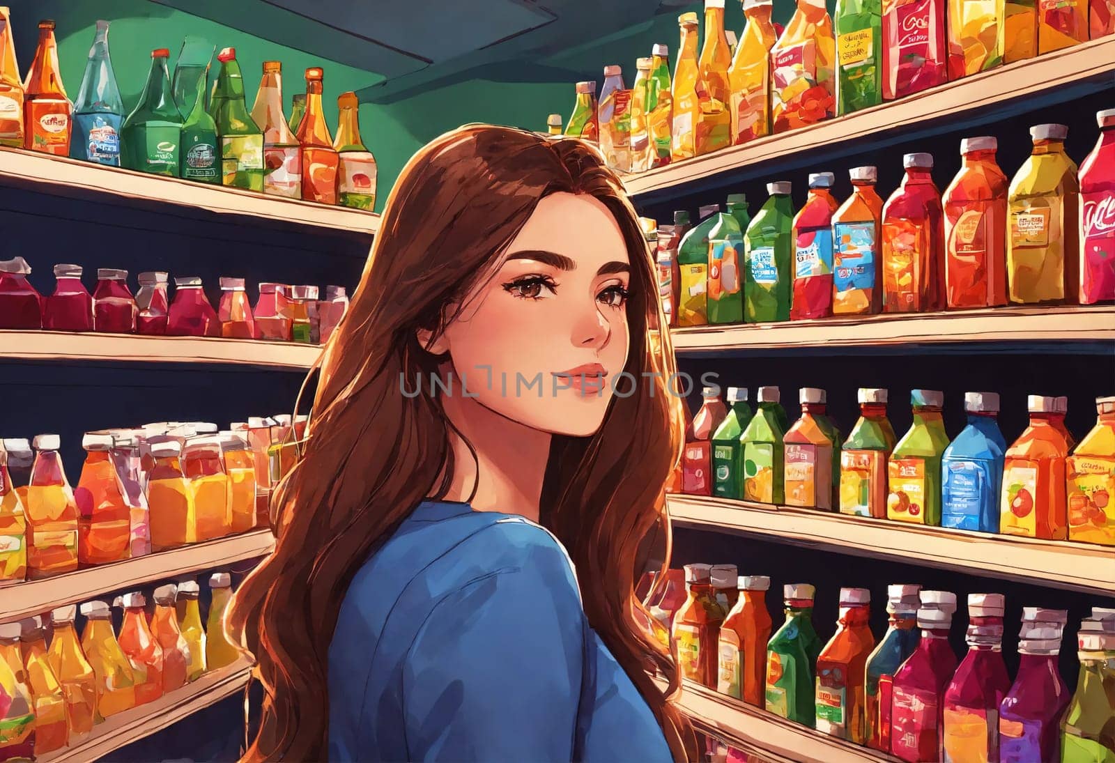 The beautiful woman is looking at the shelves to buy something from the supermarket. ai generative.