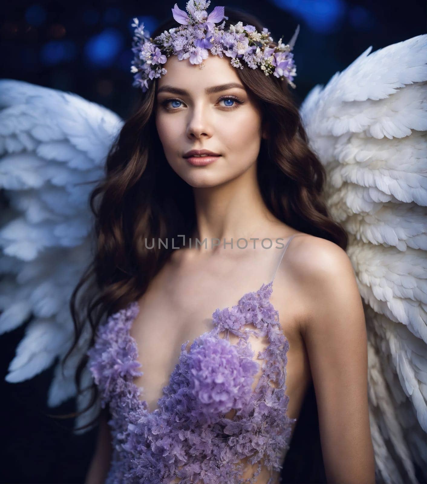 Beautiful young woman in a purple dress with make up and flowers. Beauty, fashion. ai generative.
