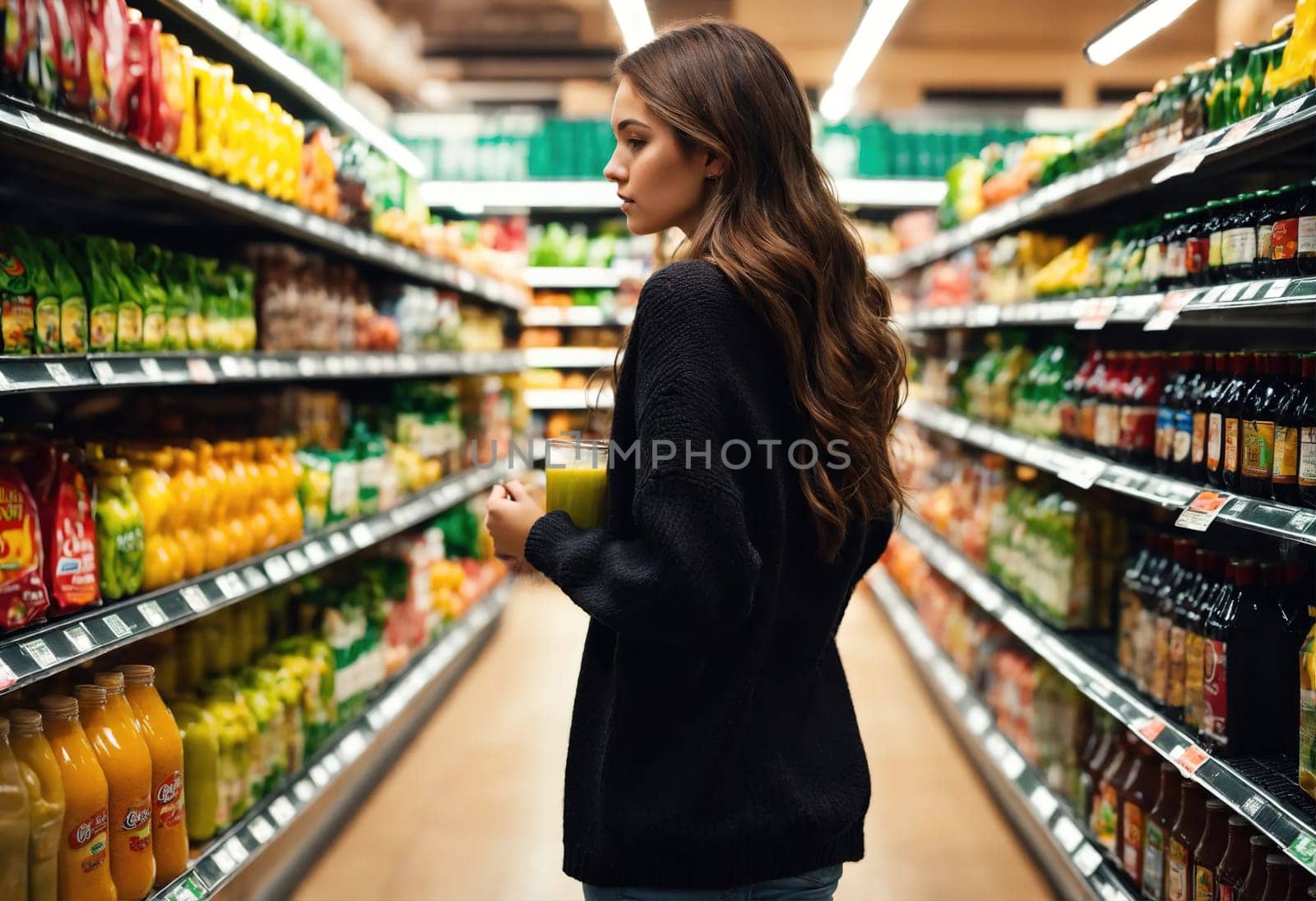 The beautiful woman is looking at the shelves to buy something from the supermarket. ai generative.
