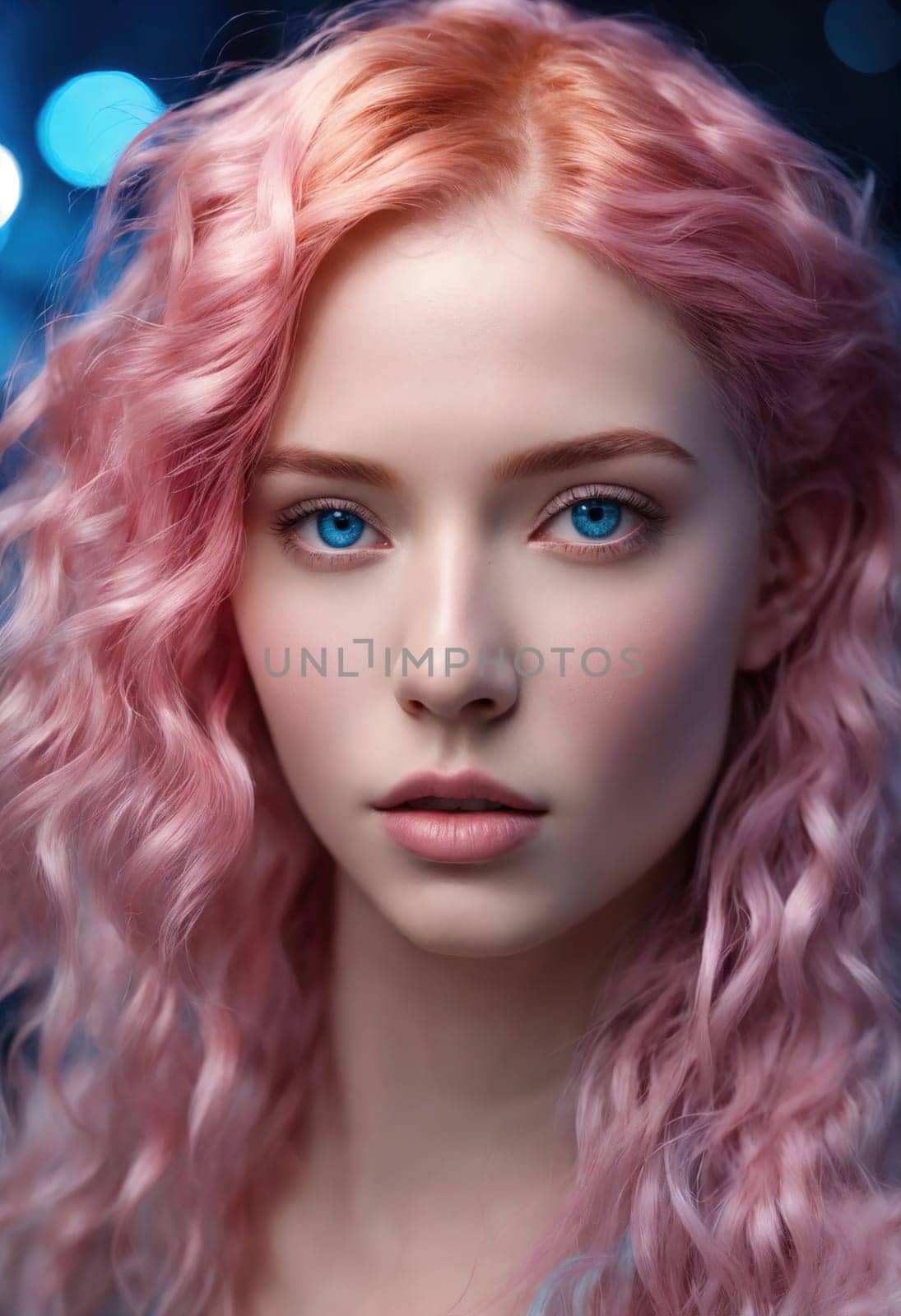 Close-up portrait of a beautiful girl with pink hair and blue eyes. ai generative.