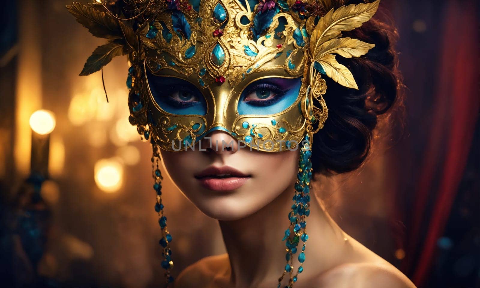 Beautiful young woman in a Venetian mask at the masquerade. ai generative.