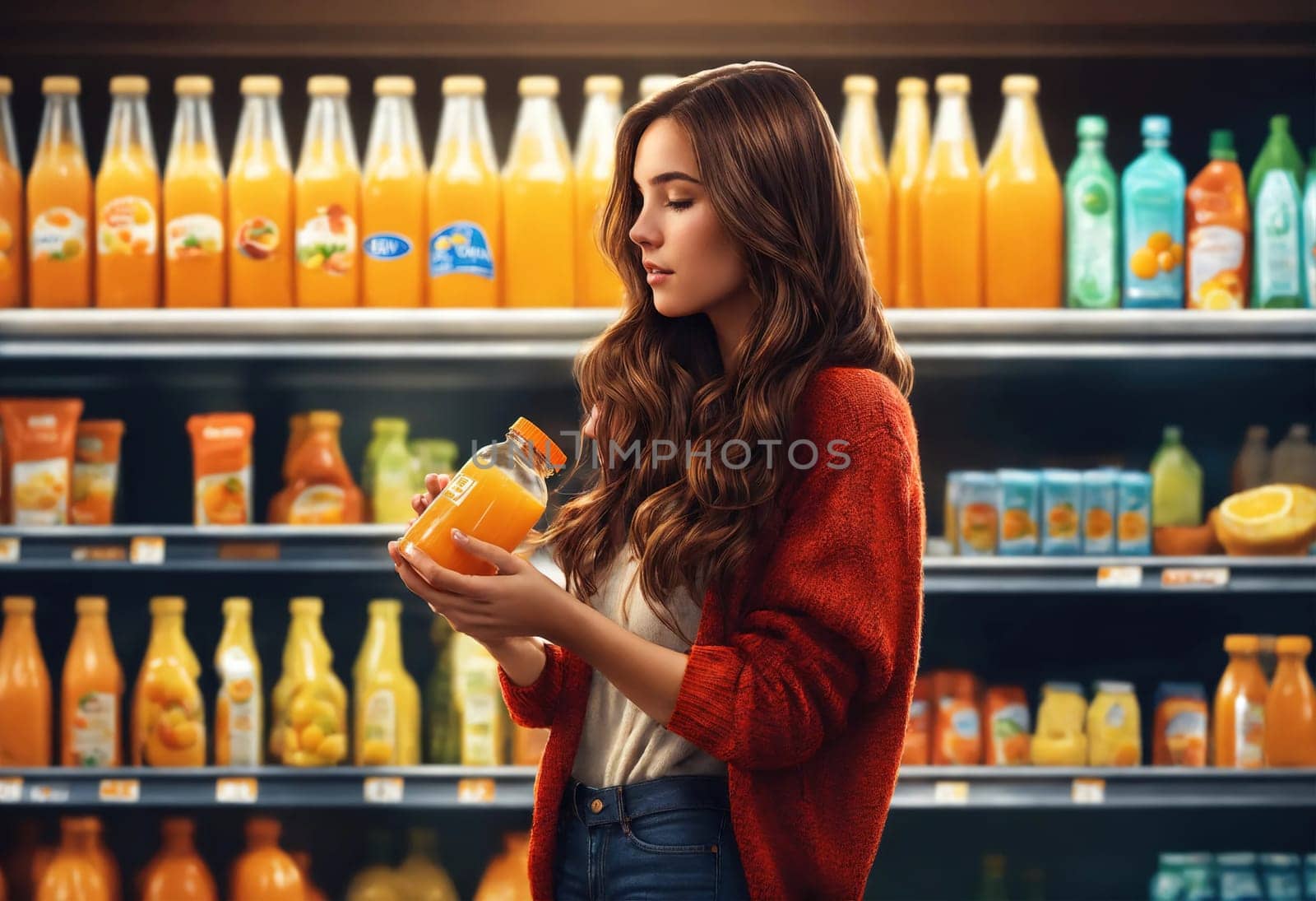The beautiful woman is looking at the shelves to buy something from the supermarket. ai generative.