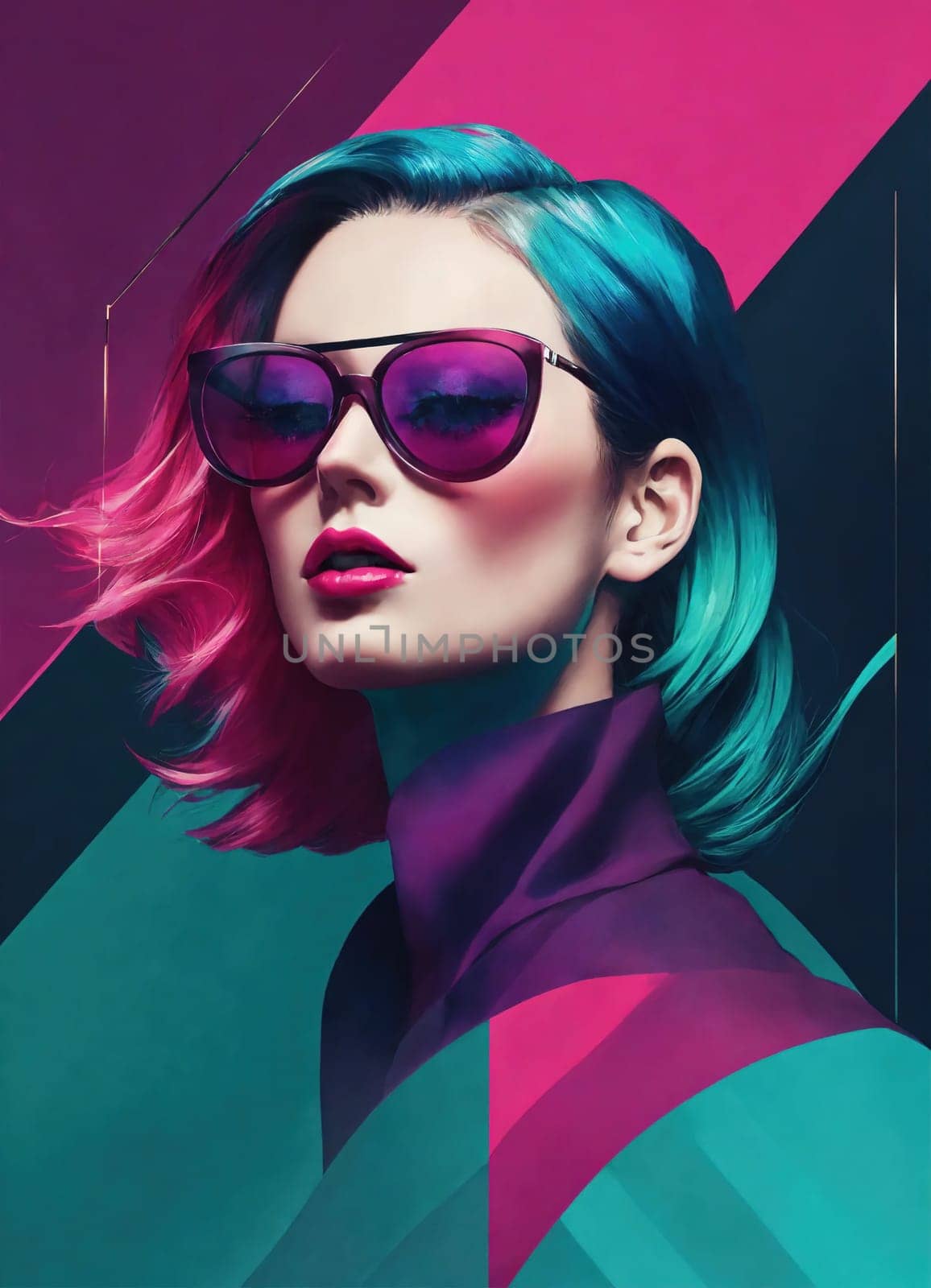 fashion photo of beautiful girl on the blue, green and purple background. ai generative.