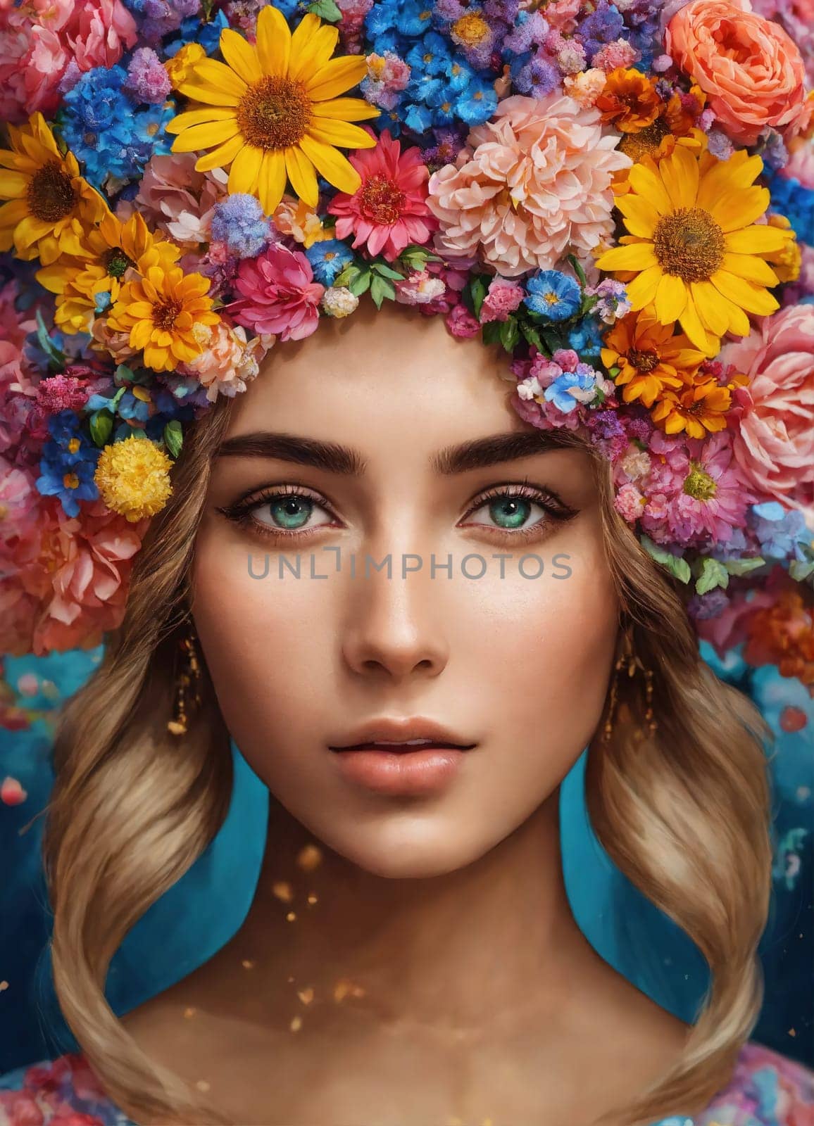 Portrait of beautiful woman with flower wreath on her head. ai generative.