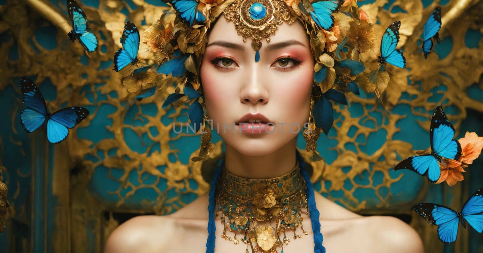 Fashion portrait of beautiful young woman with bright make-up, flowers and butterfly. ai generative.