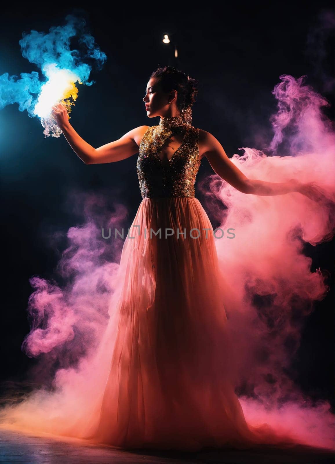 Beautiful young woman with colorfull hair in colorful smoke. ai generative.