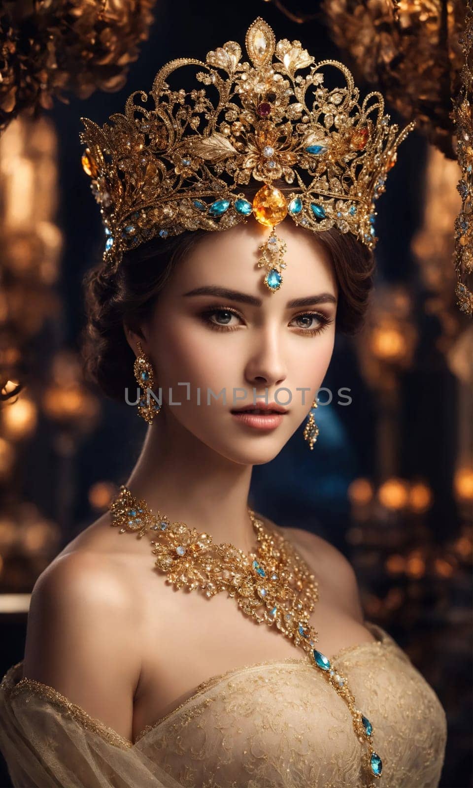 Portrait of beautiful young woman in crown. Luxury makeup and hairstyle. ai generative.