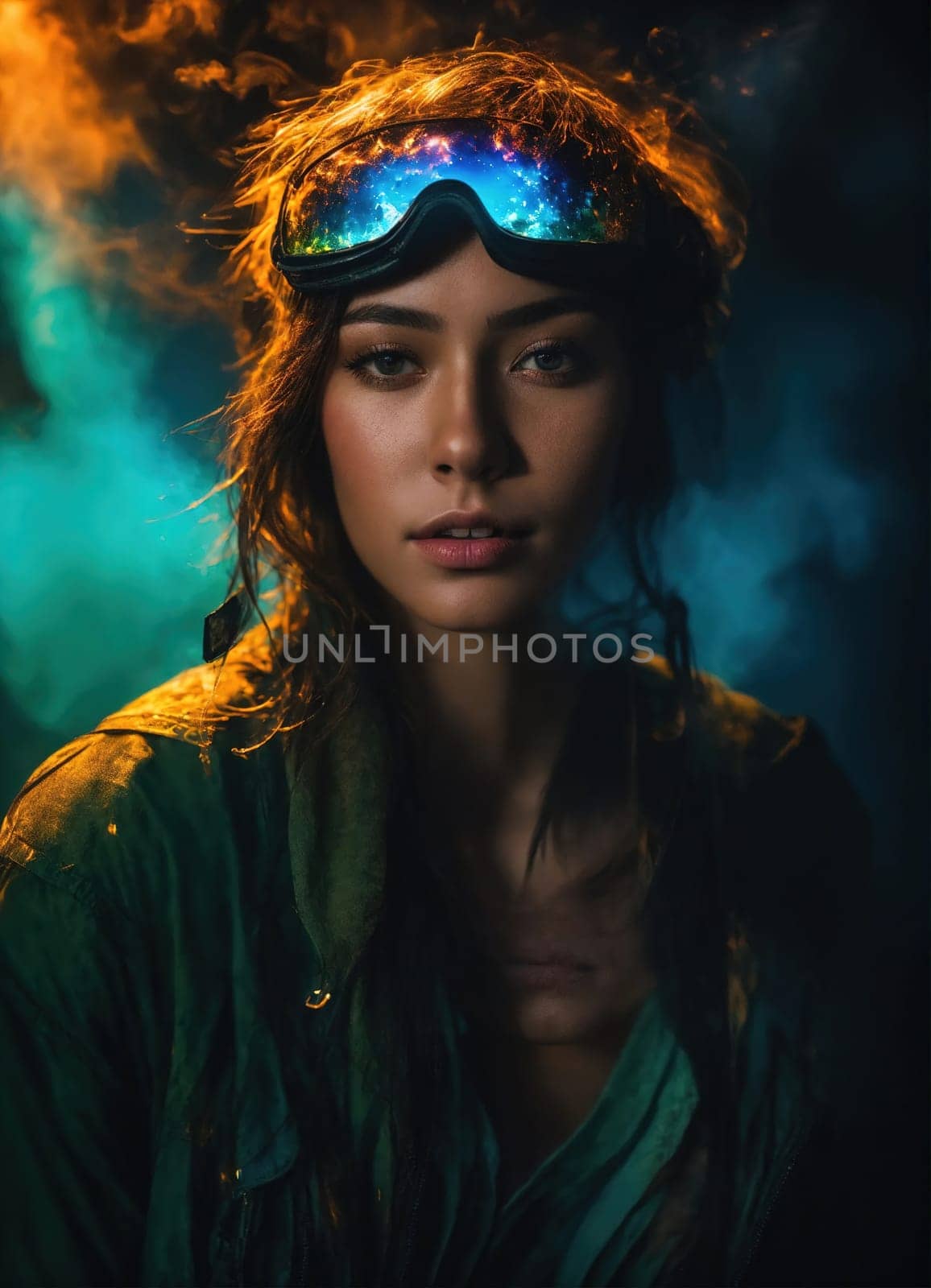 Beautiful young woman with colorfull hair in colorful smoke. ai generative.