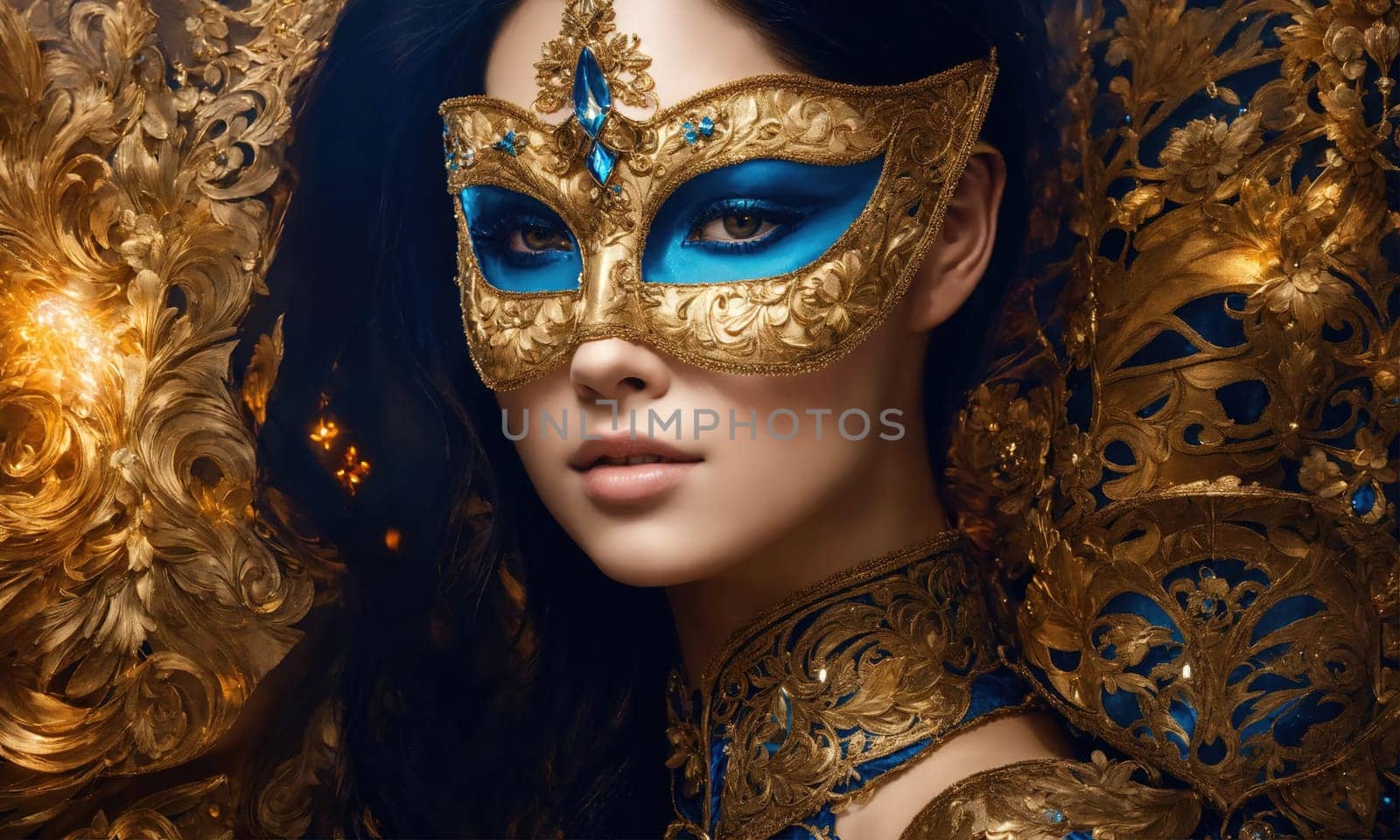 Beautiful young woman in a Venetian mask at the masquerade. ai generative.
