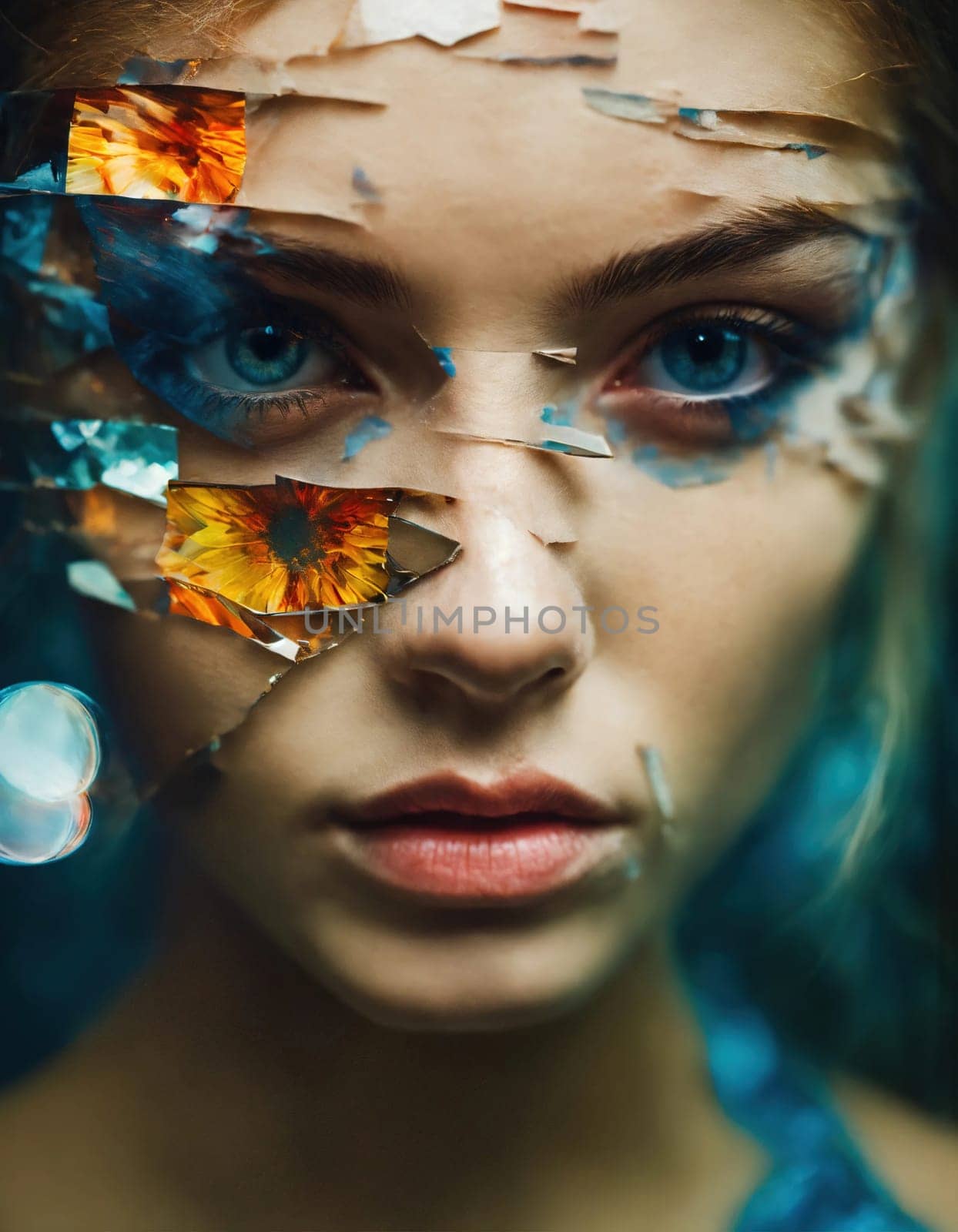 Close up shot of a beautiful woman's eye through broken glass. ai generative.