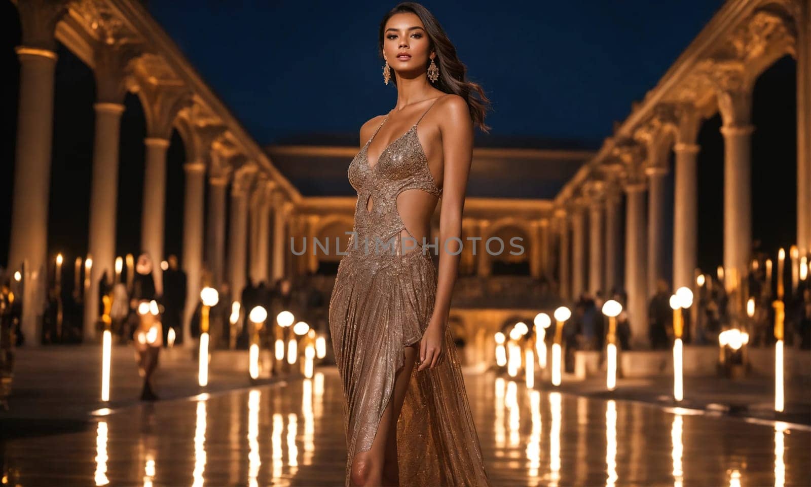 Fashionable brunette woman model in a swimsuit posing. ai generative.