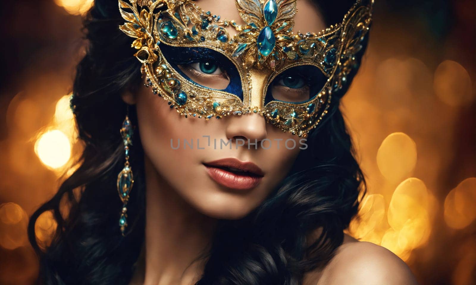 Beautiful young woman in a Venetian mask at the masquerade. ai generative.