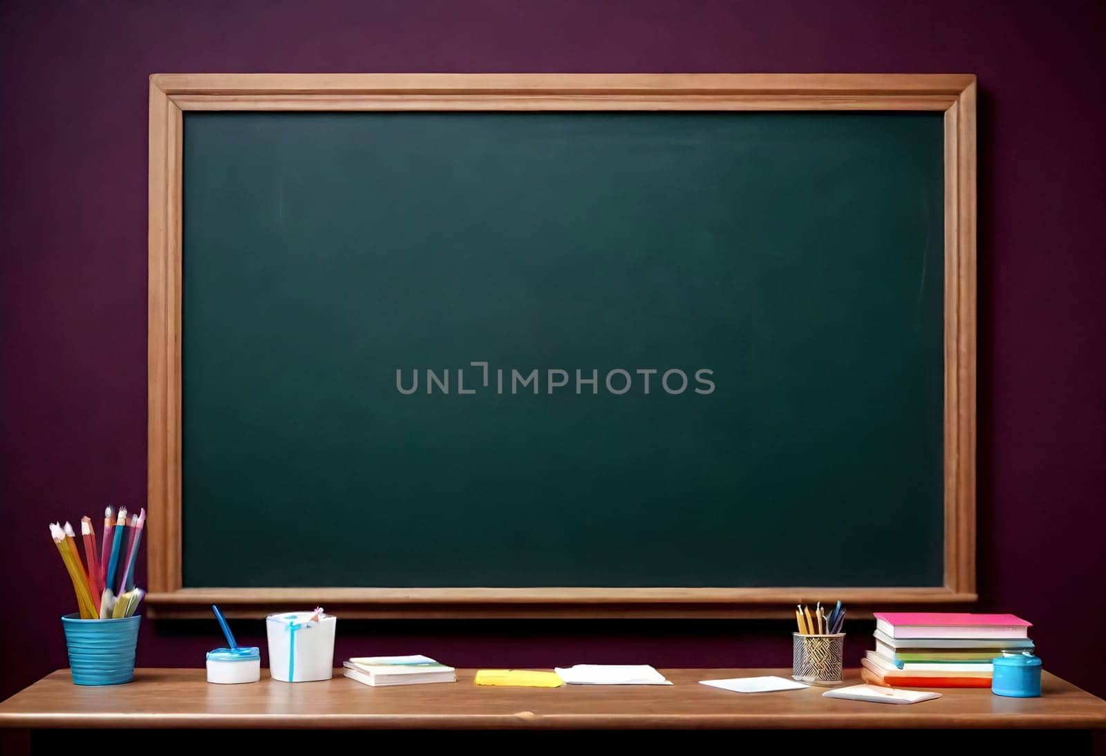AI generated of a blackboard with a chalkboard and a desk with a variety of supplies