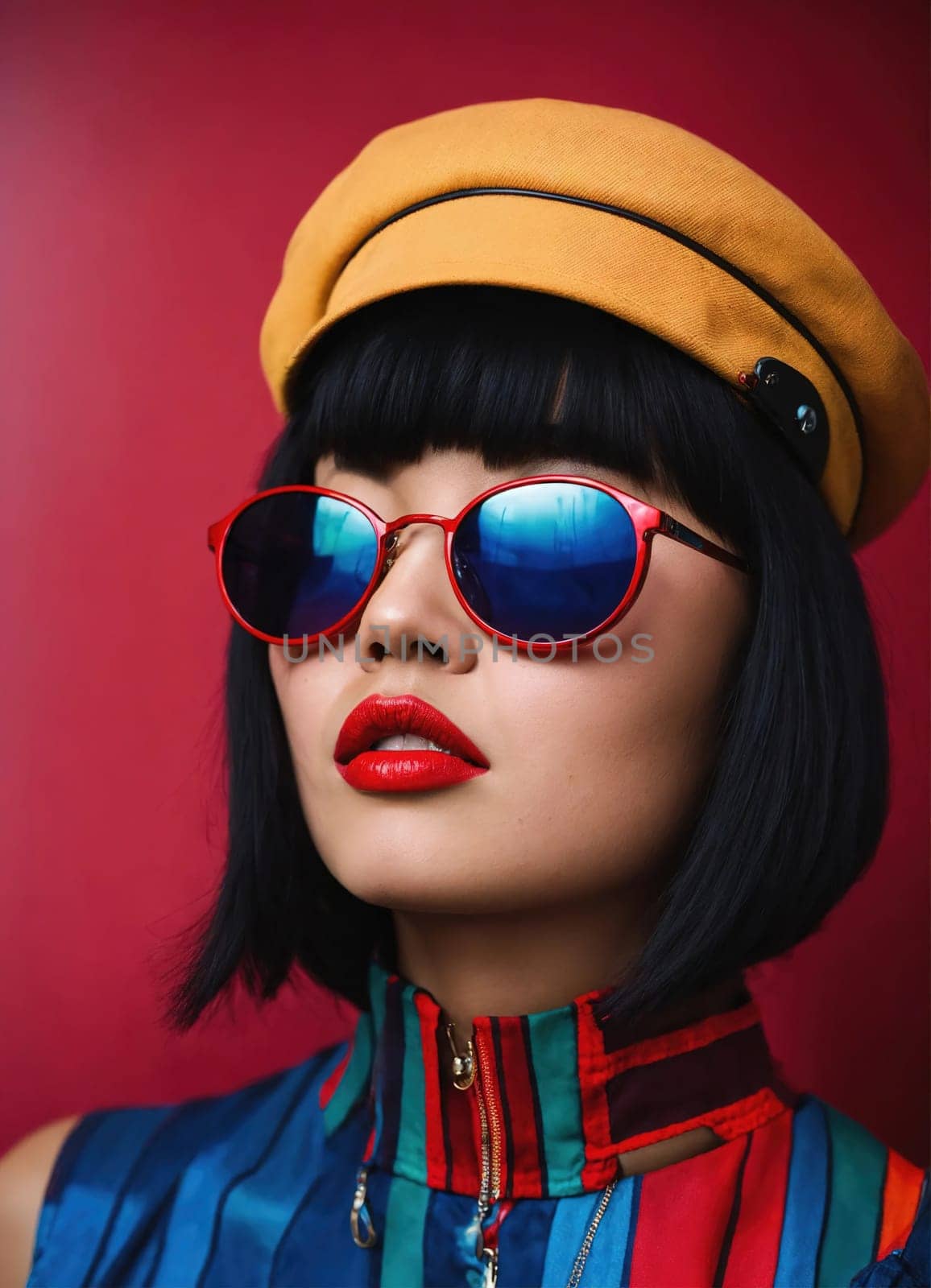 Fashion portrait of young beautiful asian woman with short hairstyle and sunglasses in a stylish dress. ai generative.