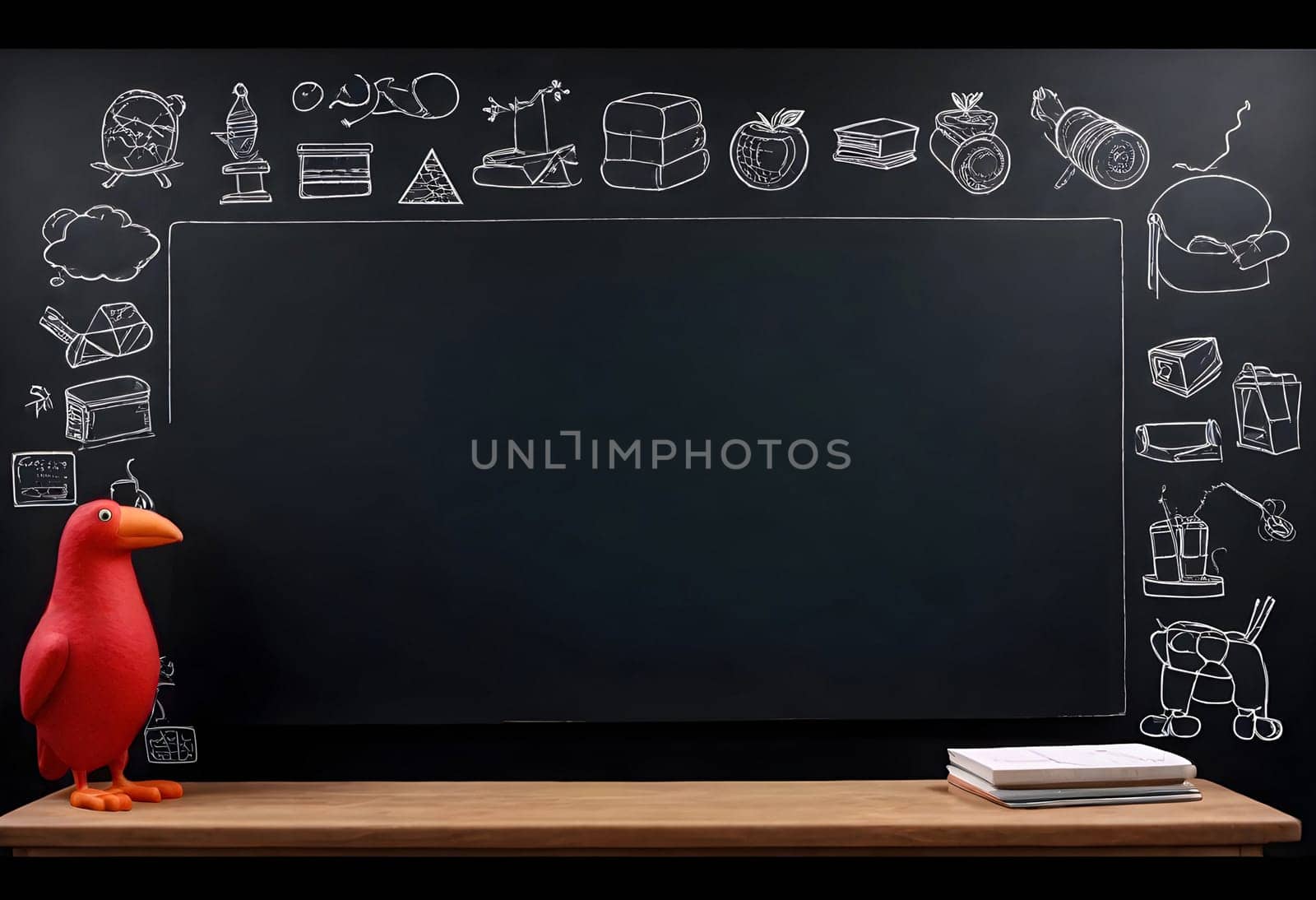 AI generated of a red bird stands next to a blackboard with doodles on it