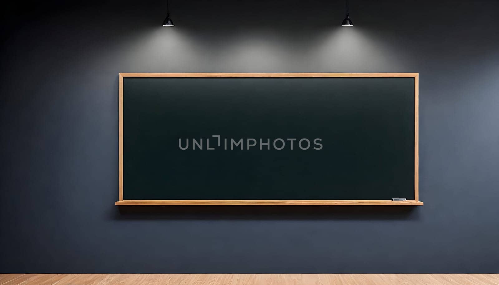 AI generated of blackboard in empty room with lights and wooden floor