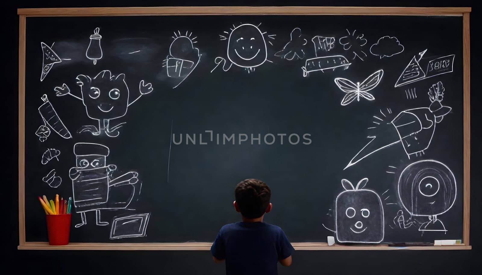 AI generated of a child stands in front of a chalkboard with drawings of things on it