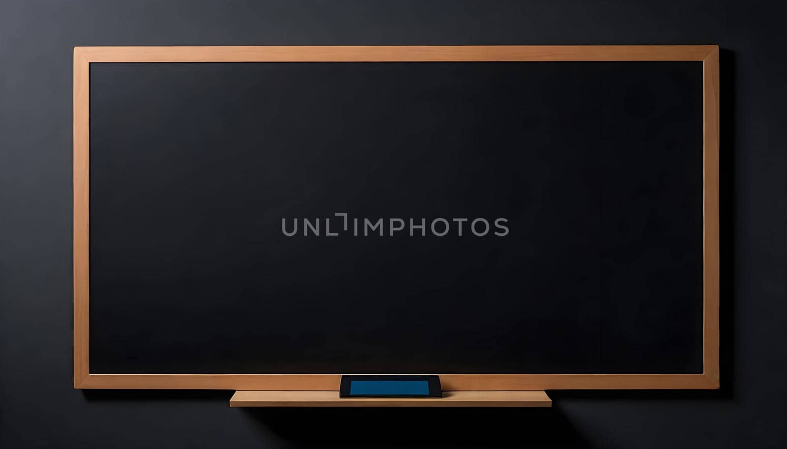 AI generated of a blackboard with a wooden frame mounted on black wall
