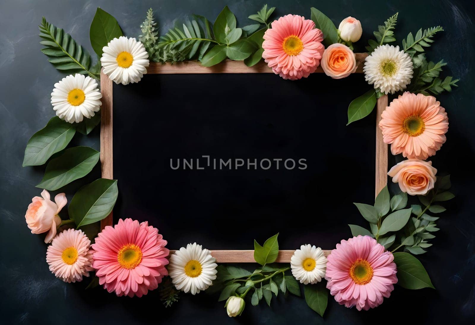 AI generated of flower frame with blackboard on a blackboard background