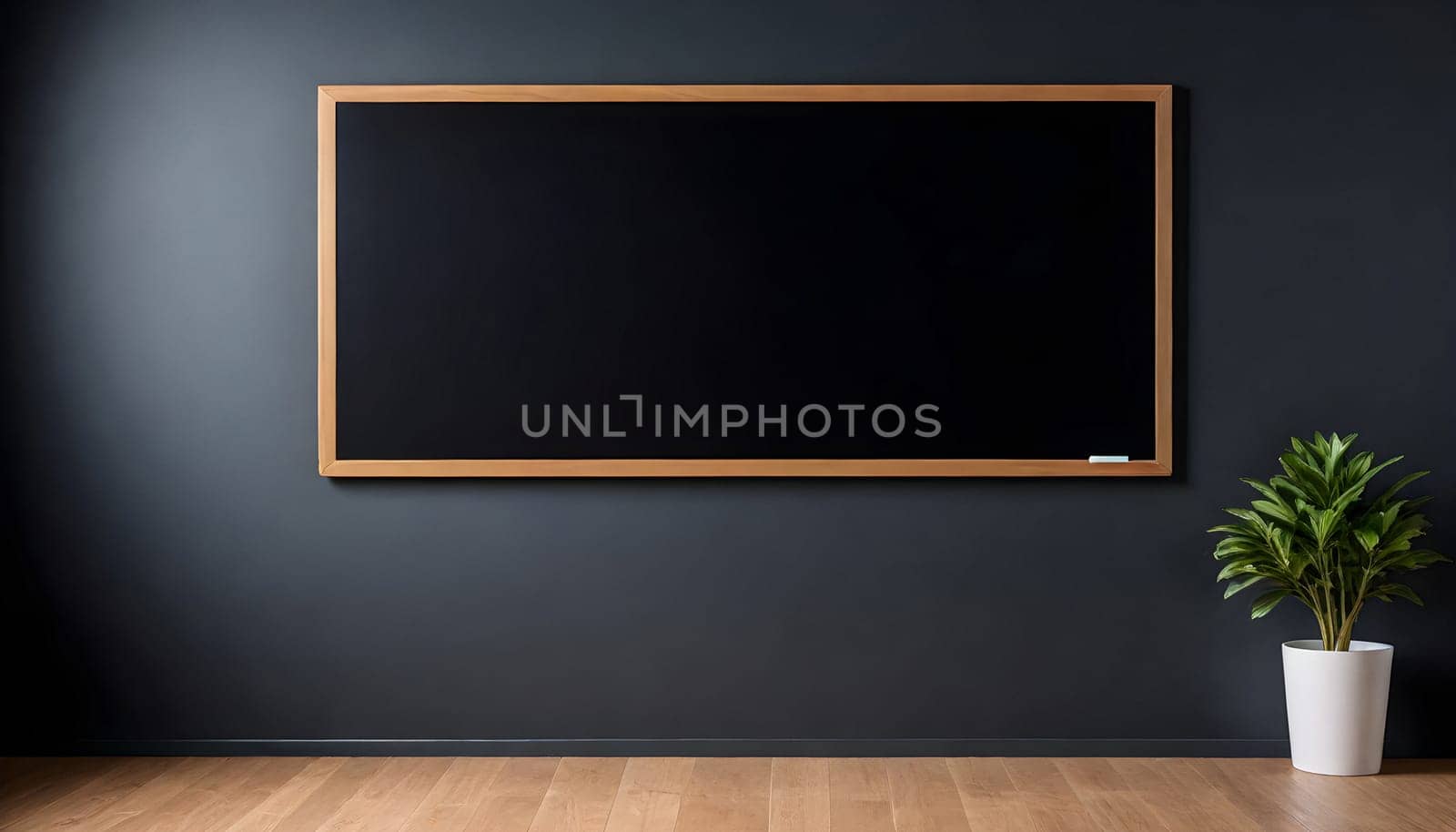 AI generated of blackboard in empty room with wooden floor and potted plant