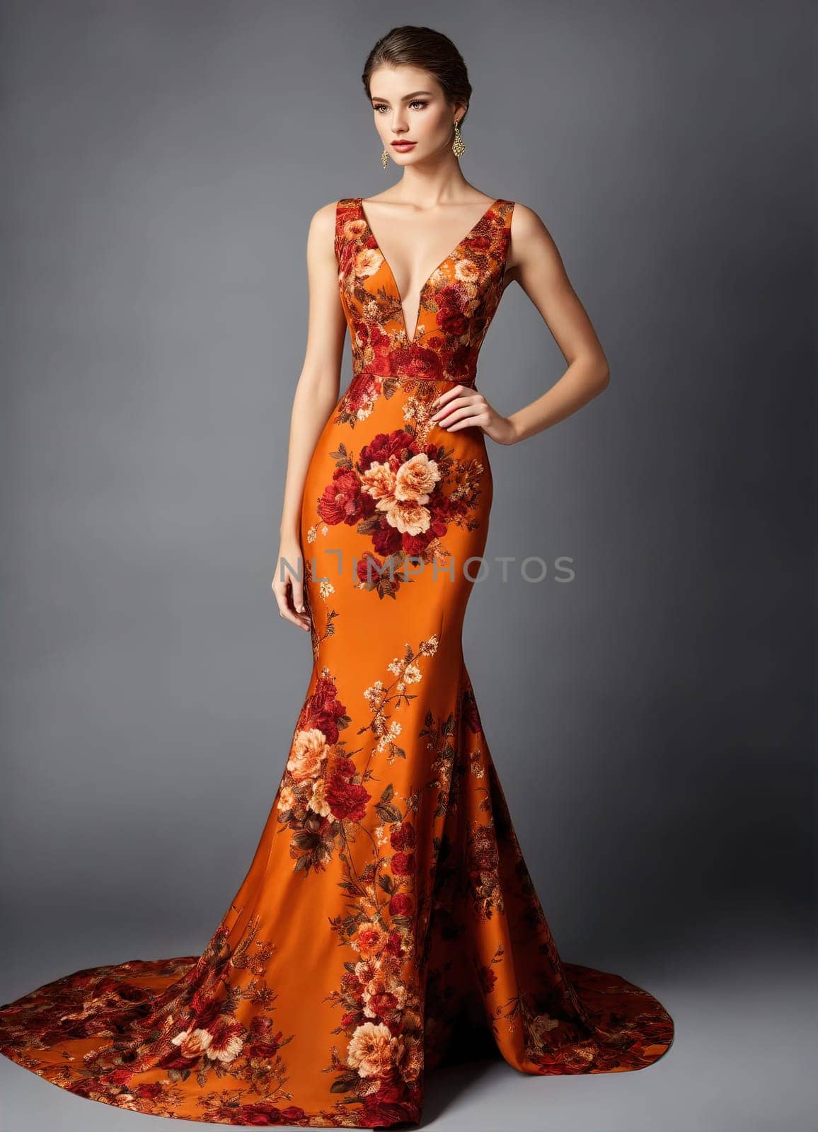 Fashionable evening orange summer dress on a mannequin. ai generative. ai generative.