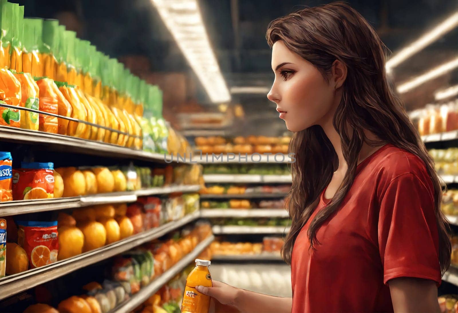 The beautiful woman is looking at the shelves to buy something from the supermarket. ai generative.