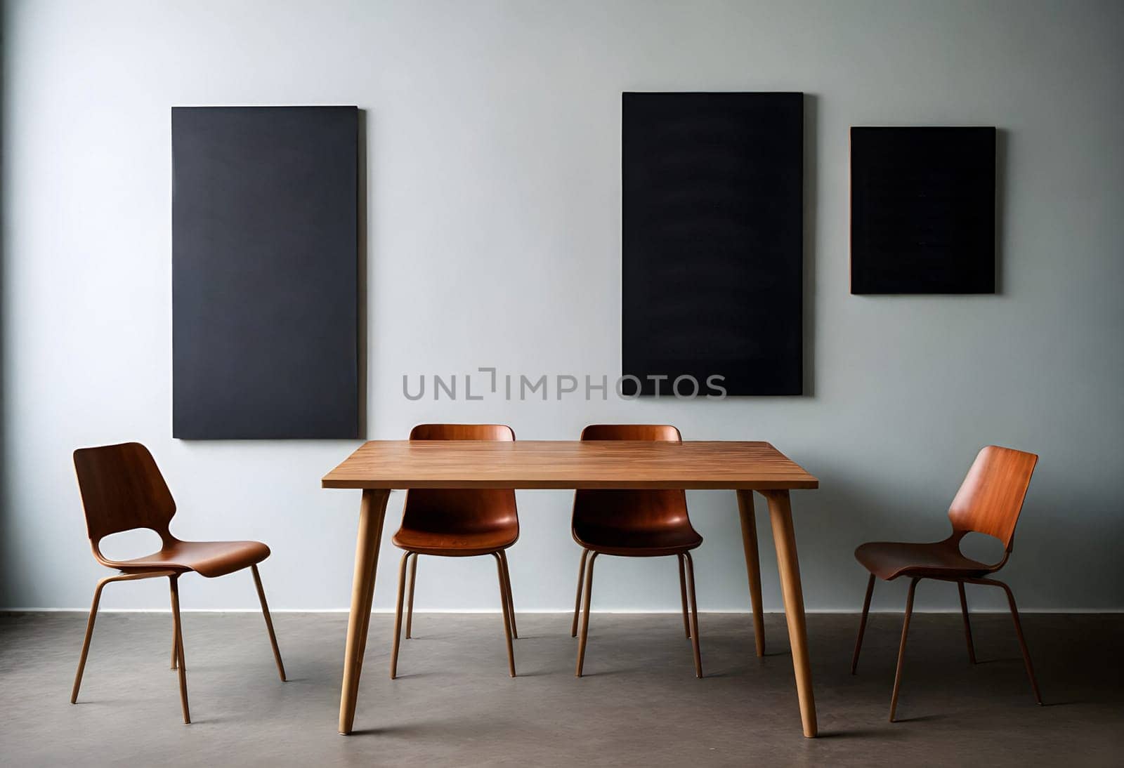 AI generated of a dining table with four chairs and a black wall