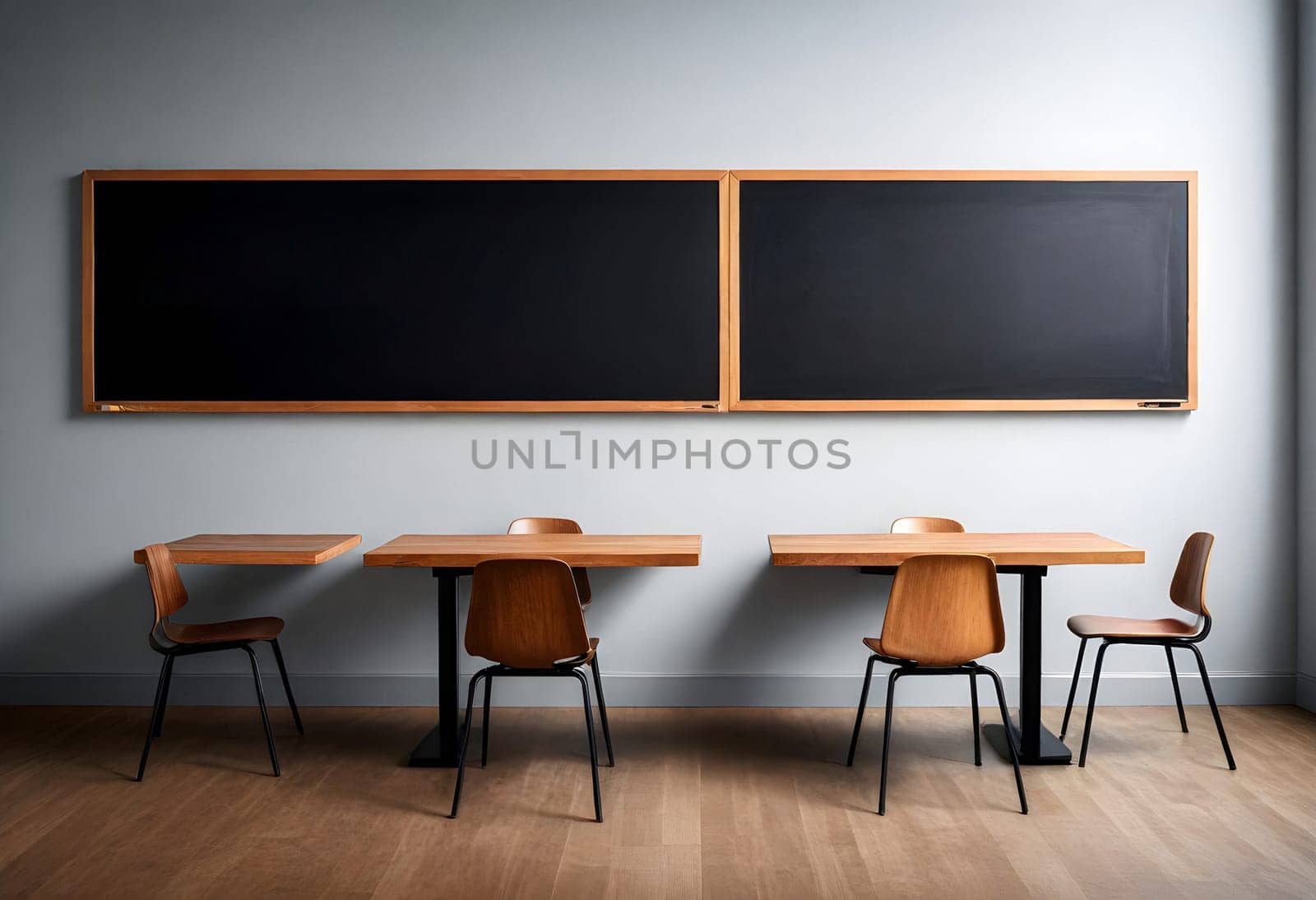 AI generated of a classroom with blackboards and chairs