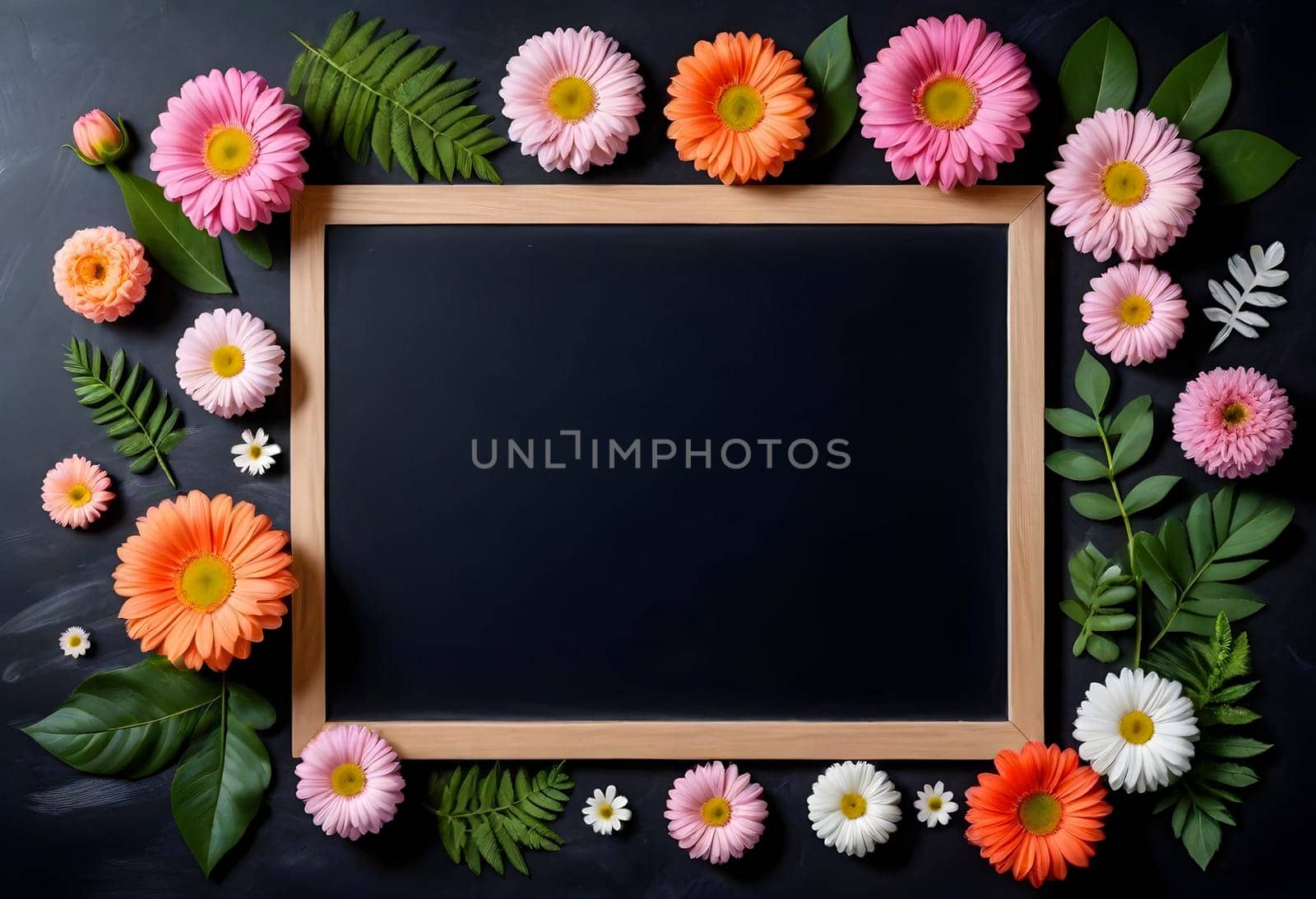 AI generated of blackboard frame with flowers and leaves on a blackboard background