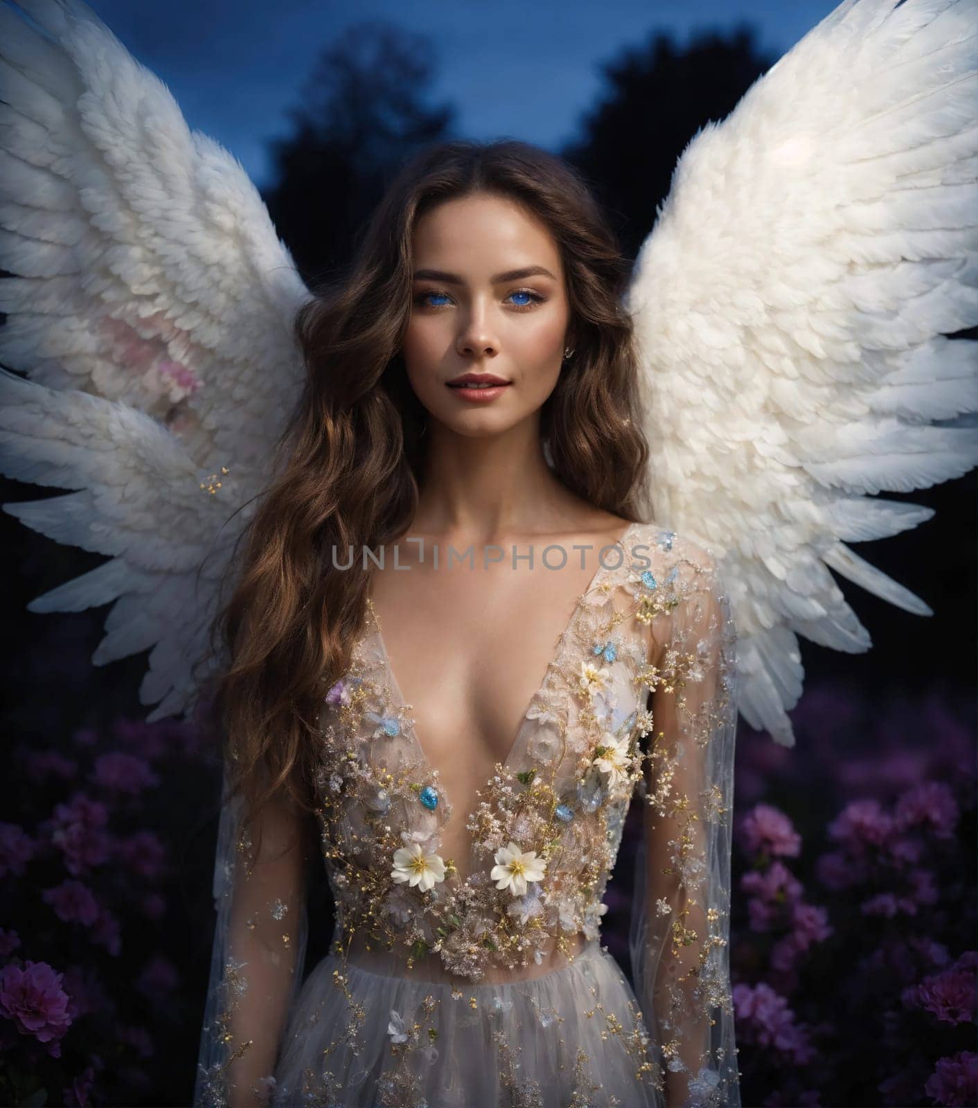 Beautiful young woman in a purple dress with make up and flowers. Beauty, fashion. ai generative.