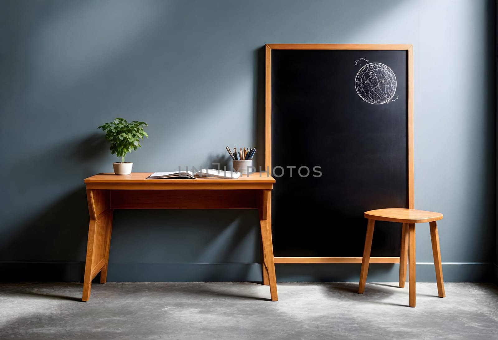 AI generated of a desk with a chalkboard and a chair