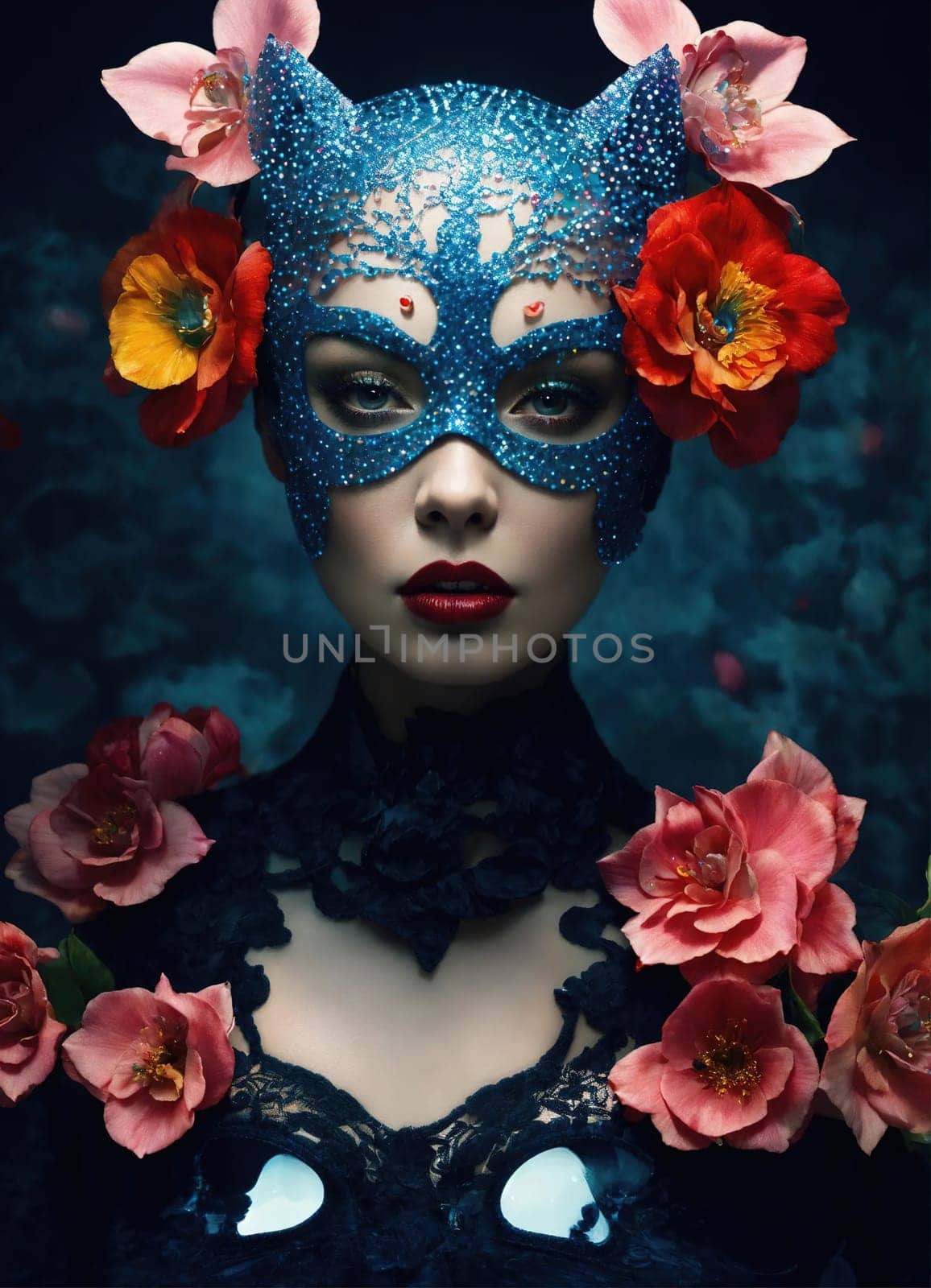 Portrait of a beautiful young woman with bright make up and Venetian mask. ai generative.