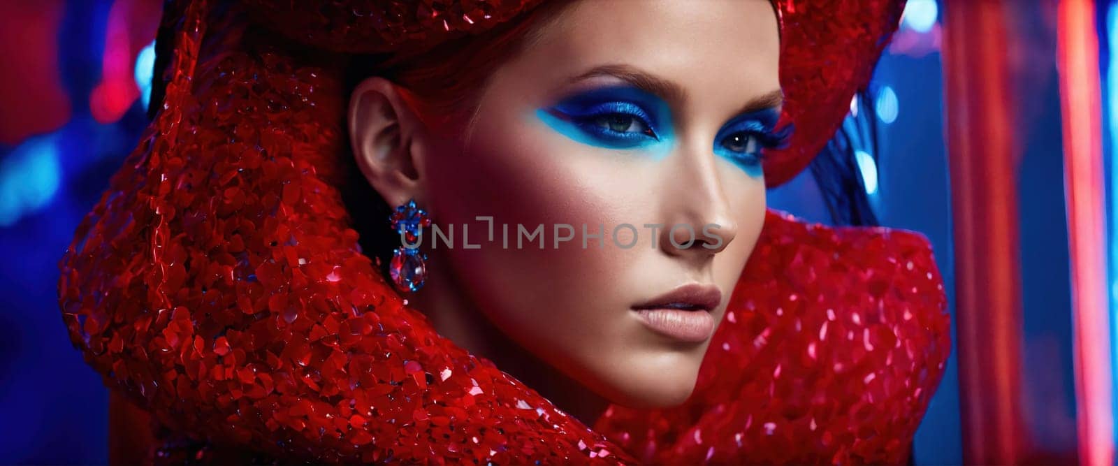 Futuristic woman with red hair in futuristic costume. ai generative.