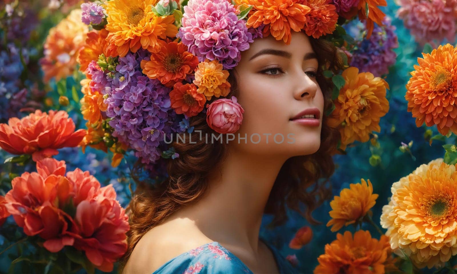 Portrait of beautiful woman with flower wreath on her head. ai generative.