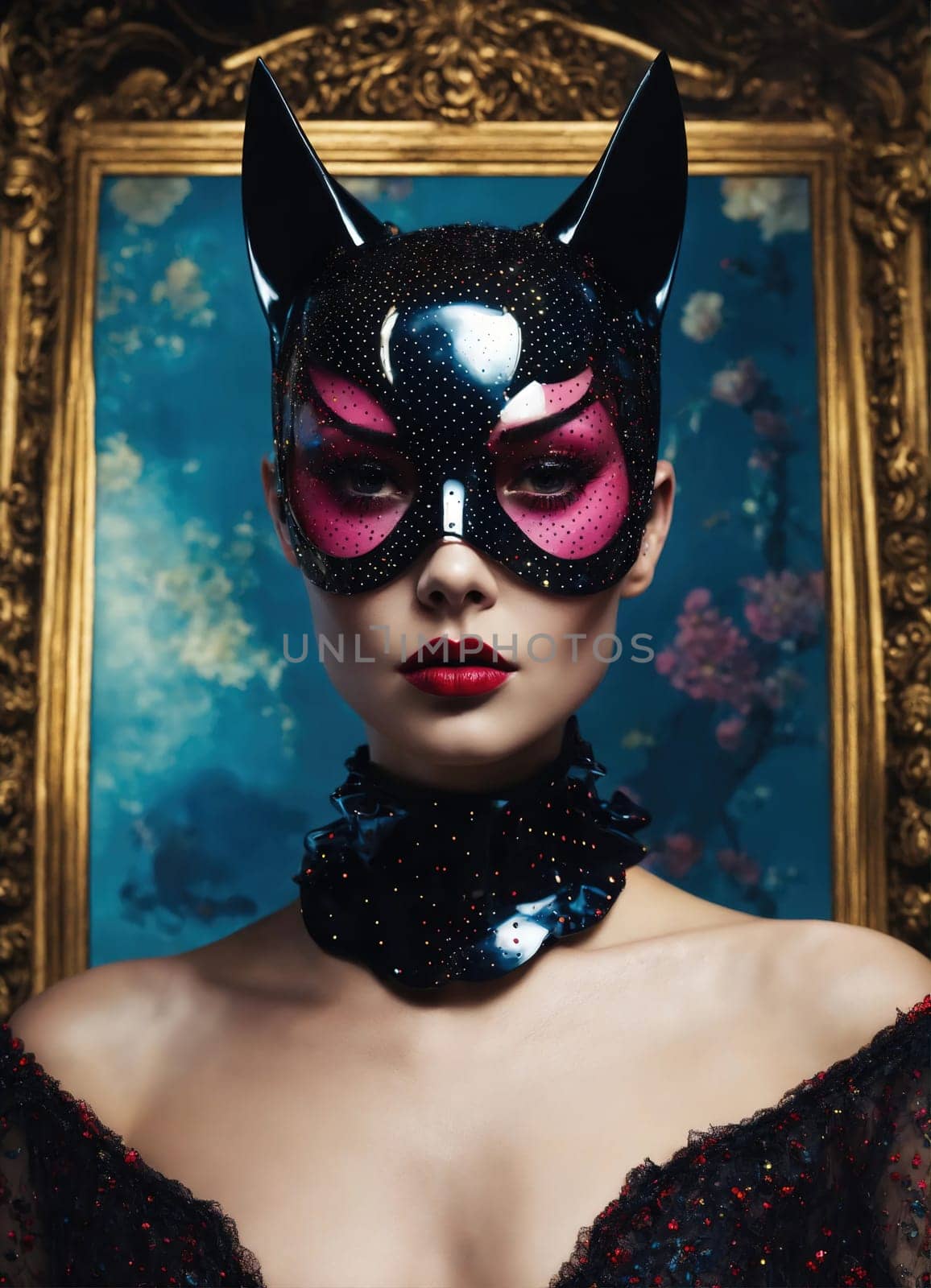 Portrait of a beautiful young woman with bright make up and Venetian mask. ai generative.