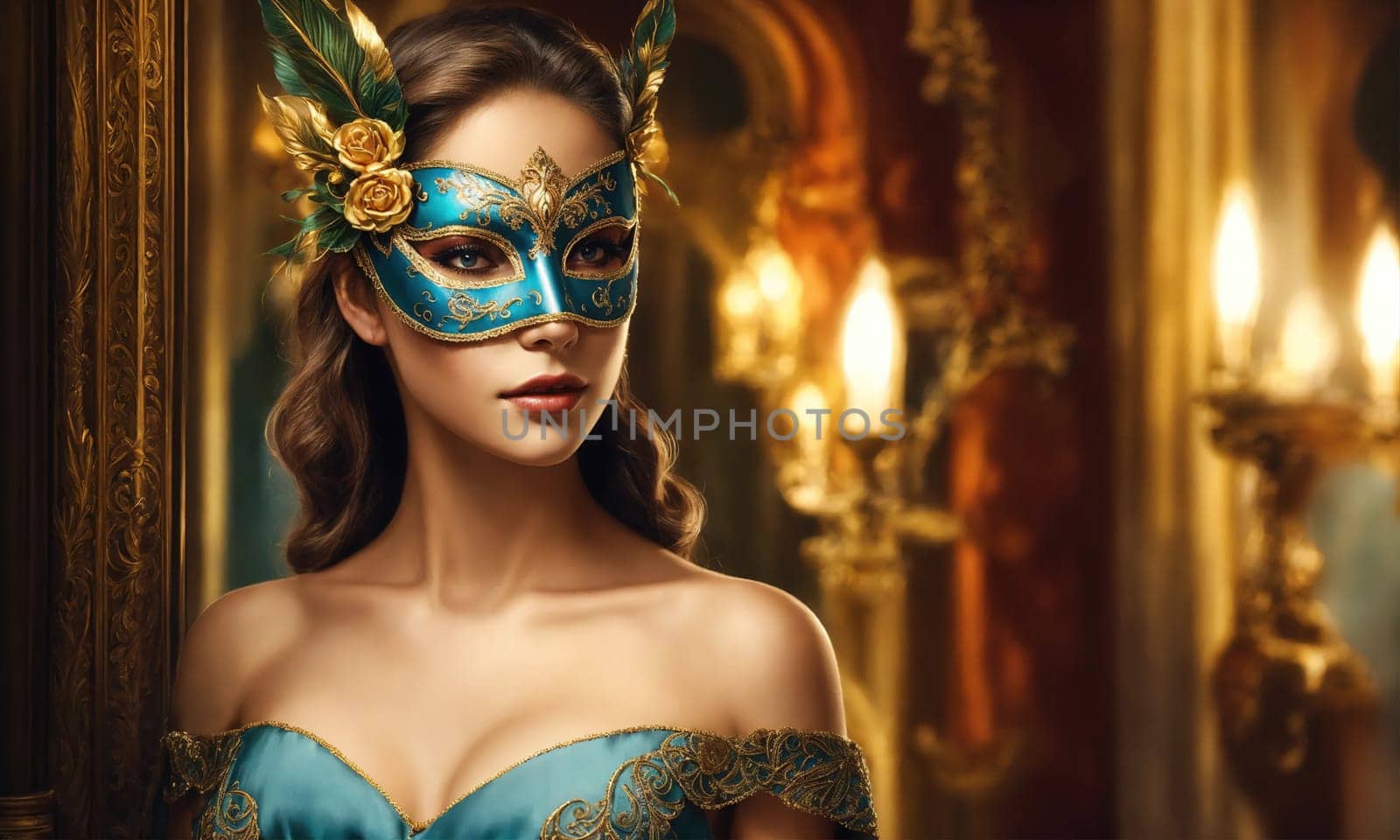 Beautiful young woman in a Venetian mask at the masquerade. ai generative.