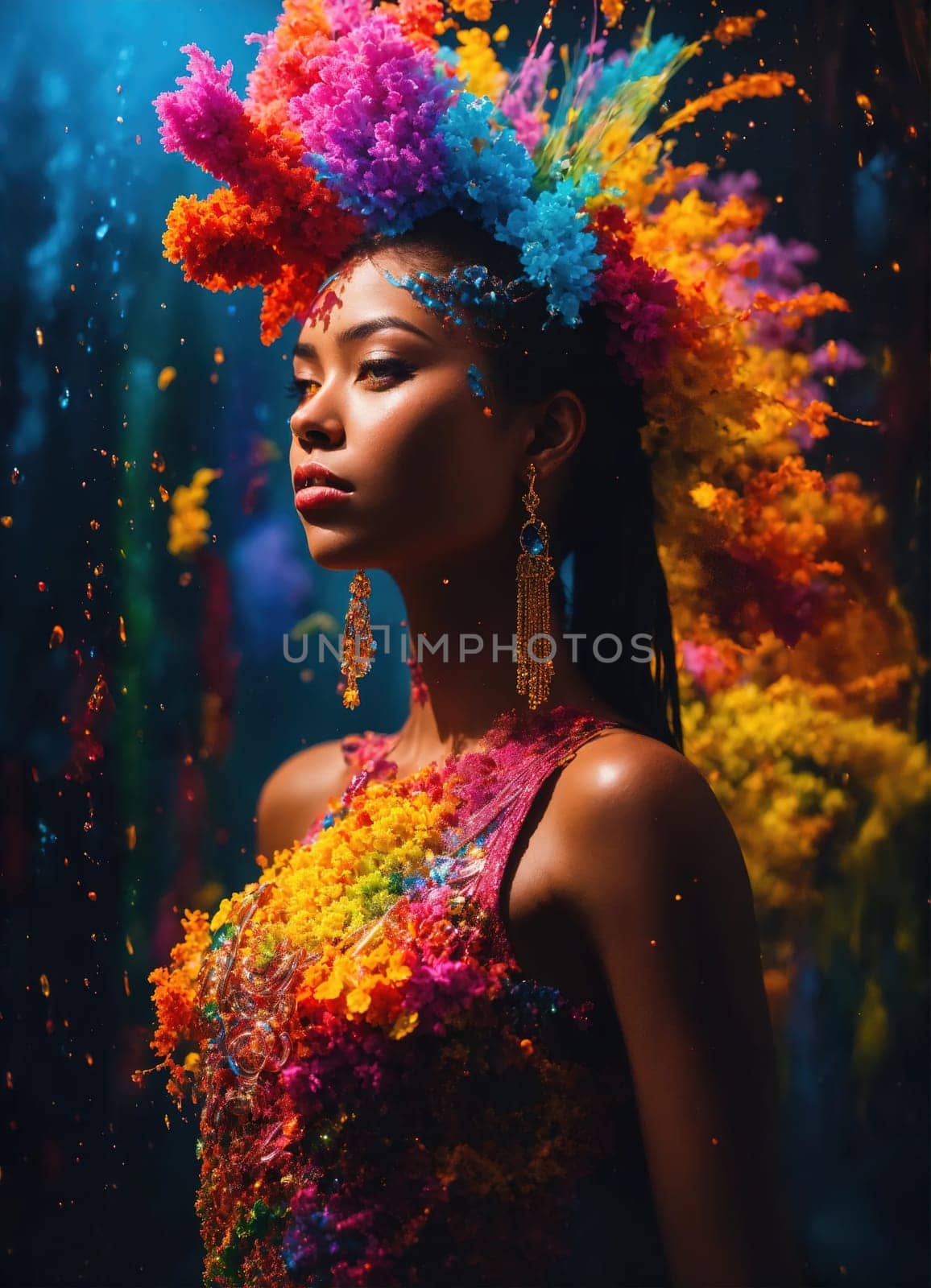 Beautiful young woman with colorfull hair in colorful smoke. ai generative.
