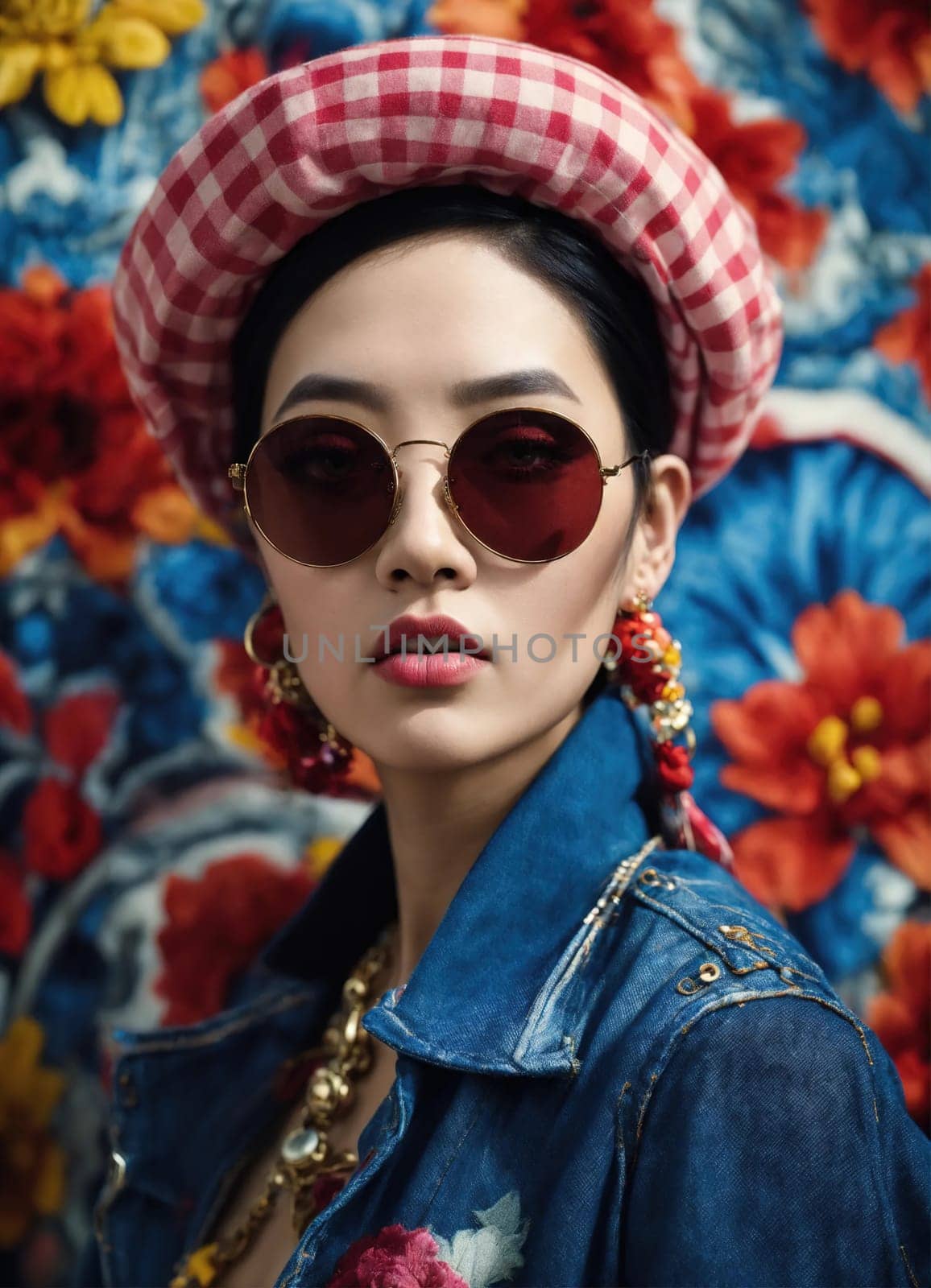 Fashion portrait of young beautiful asian woman with short hairstyle and sunglasses in a stylish dress. ai generative.