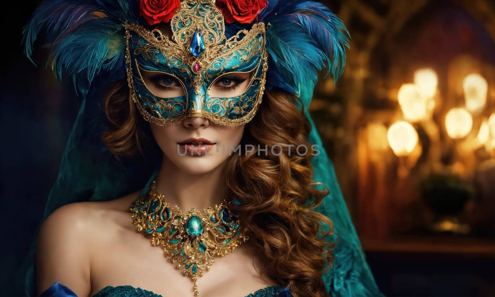 Beautiful young woman in a Venetian mask at the masquerade. ai generative.