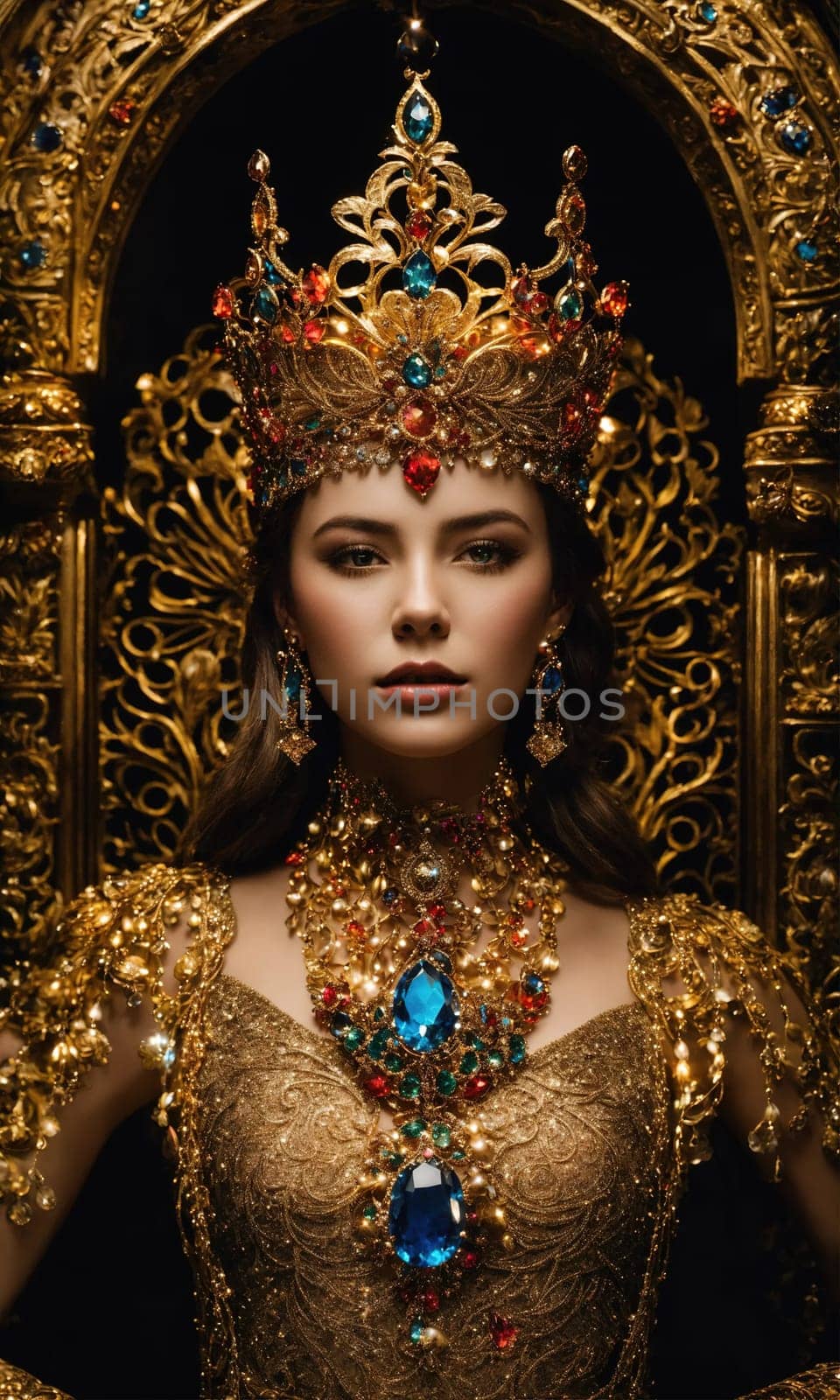 Portrait of beautiful young woman in crown. Luxury makeup and hairstyle. ai generative.