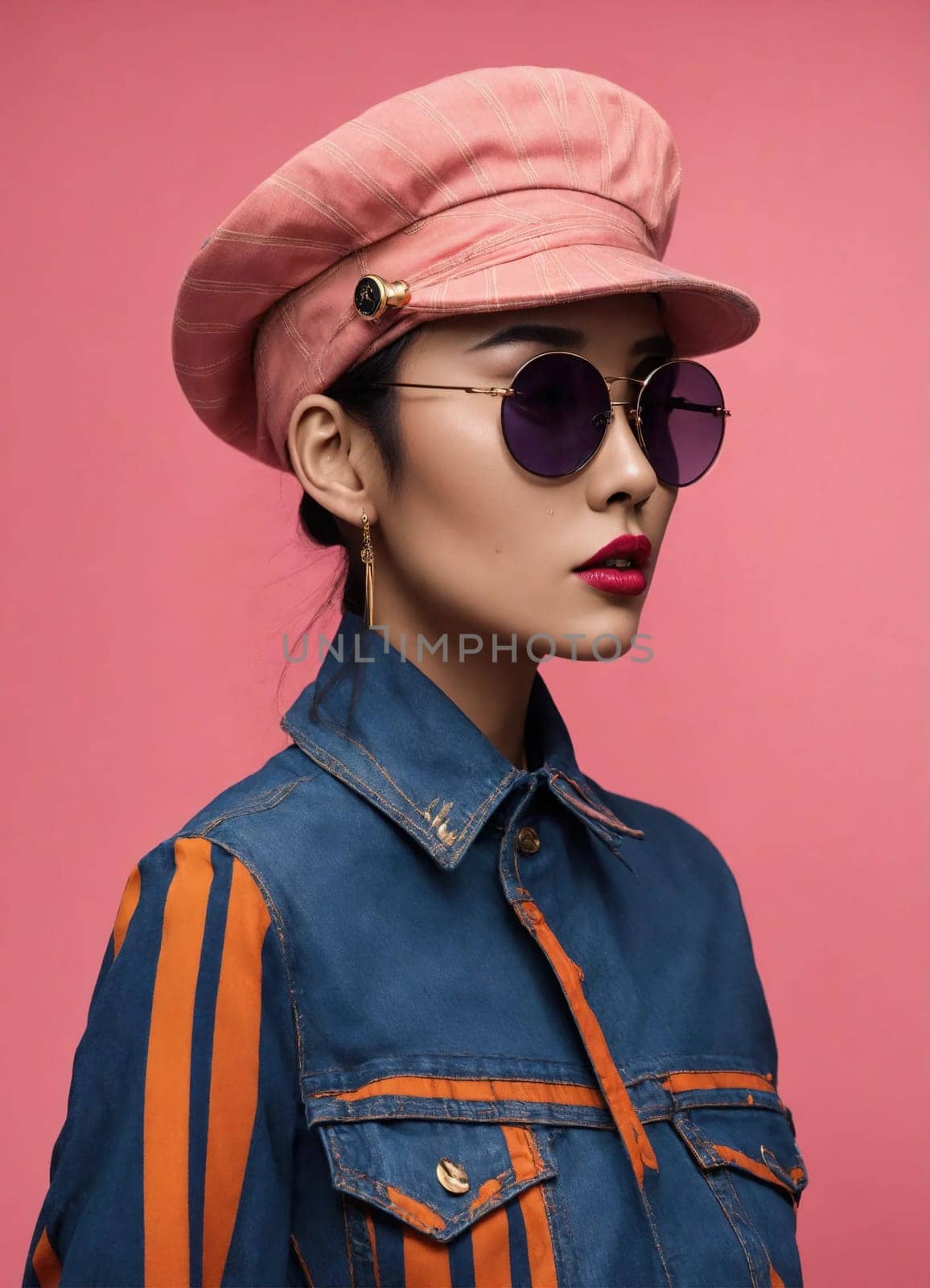 Fashion portrait of young beautiful asian woman with short hairstyle and sunglasses in a stylish dress. ai generative.