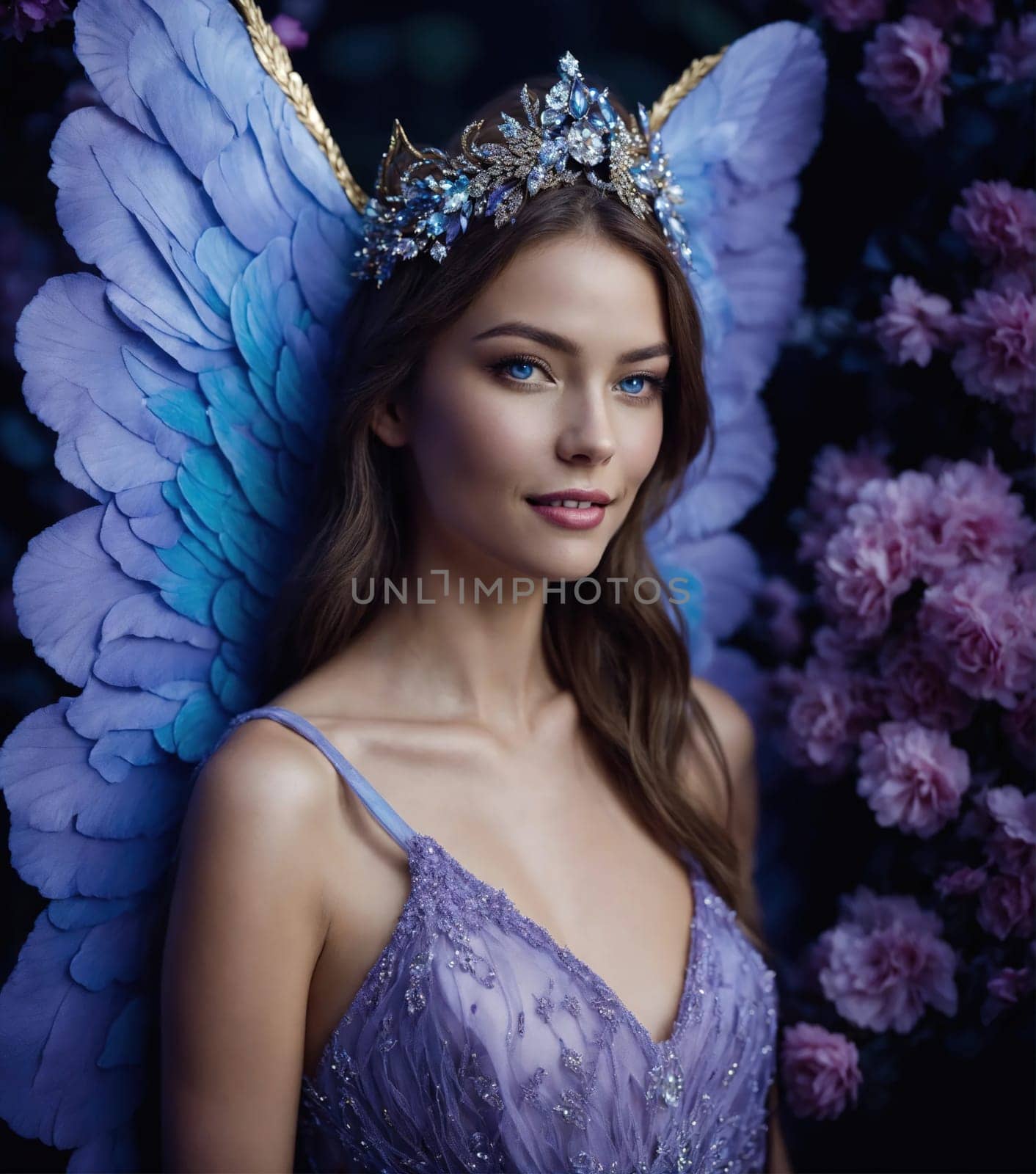 Beautiful young woman in a purple dress with make up and flowers. Beauty, fashion. ai generative.