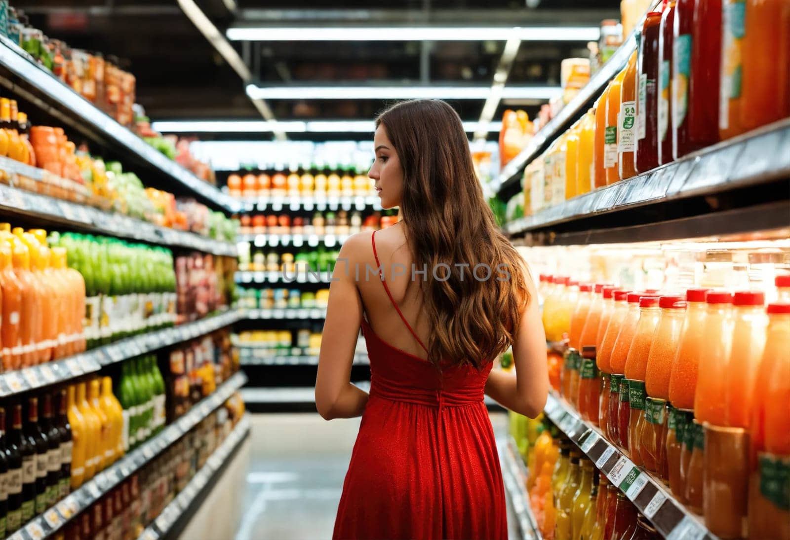 The beautiful woman is looking at the shelves to buy something from the supermarket. ai generative.